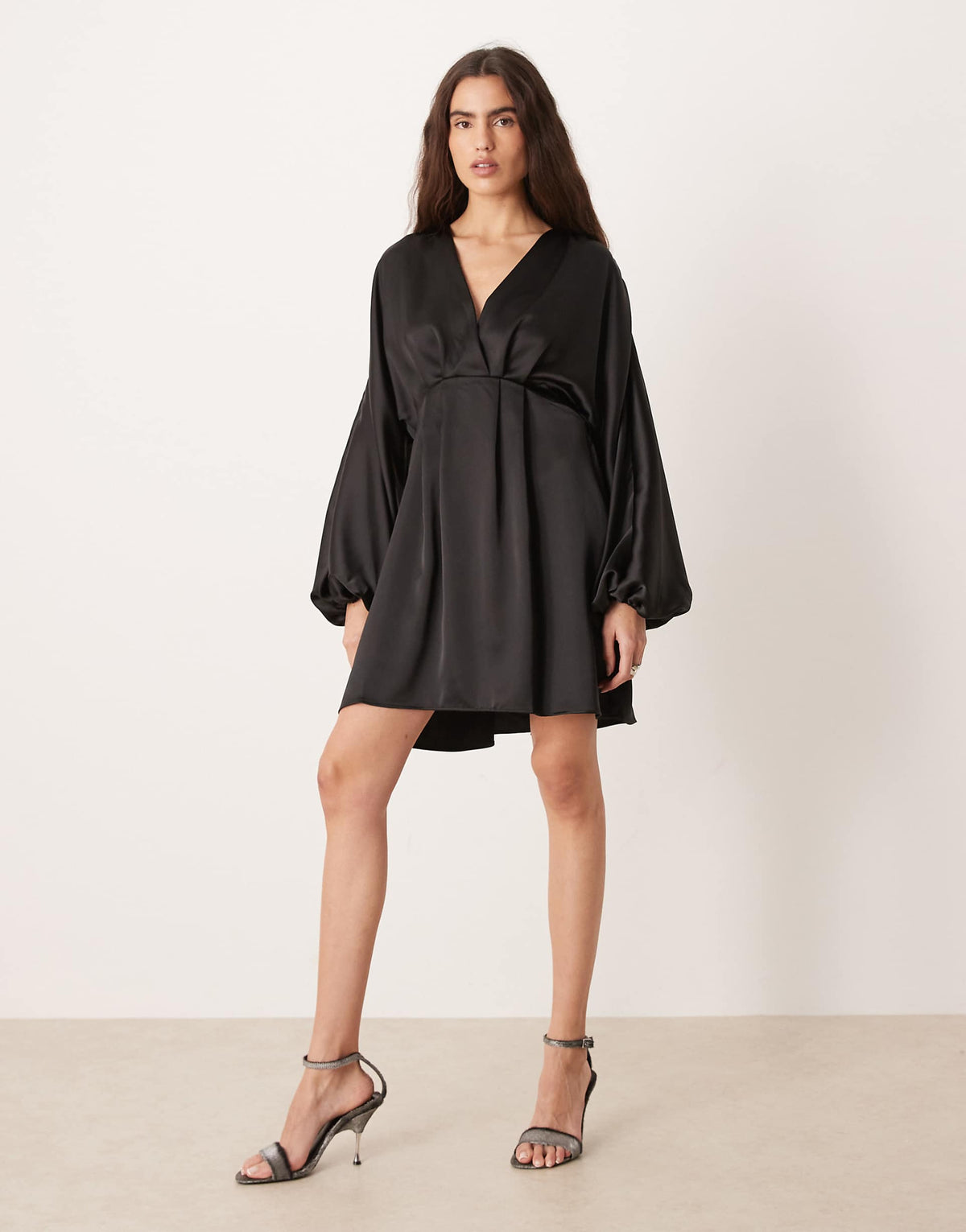Gina Tricot v neck satin batwing sleeve mini dress with wrap front detail in black