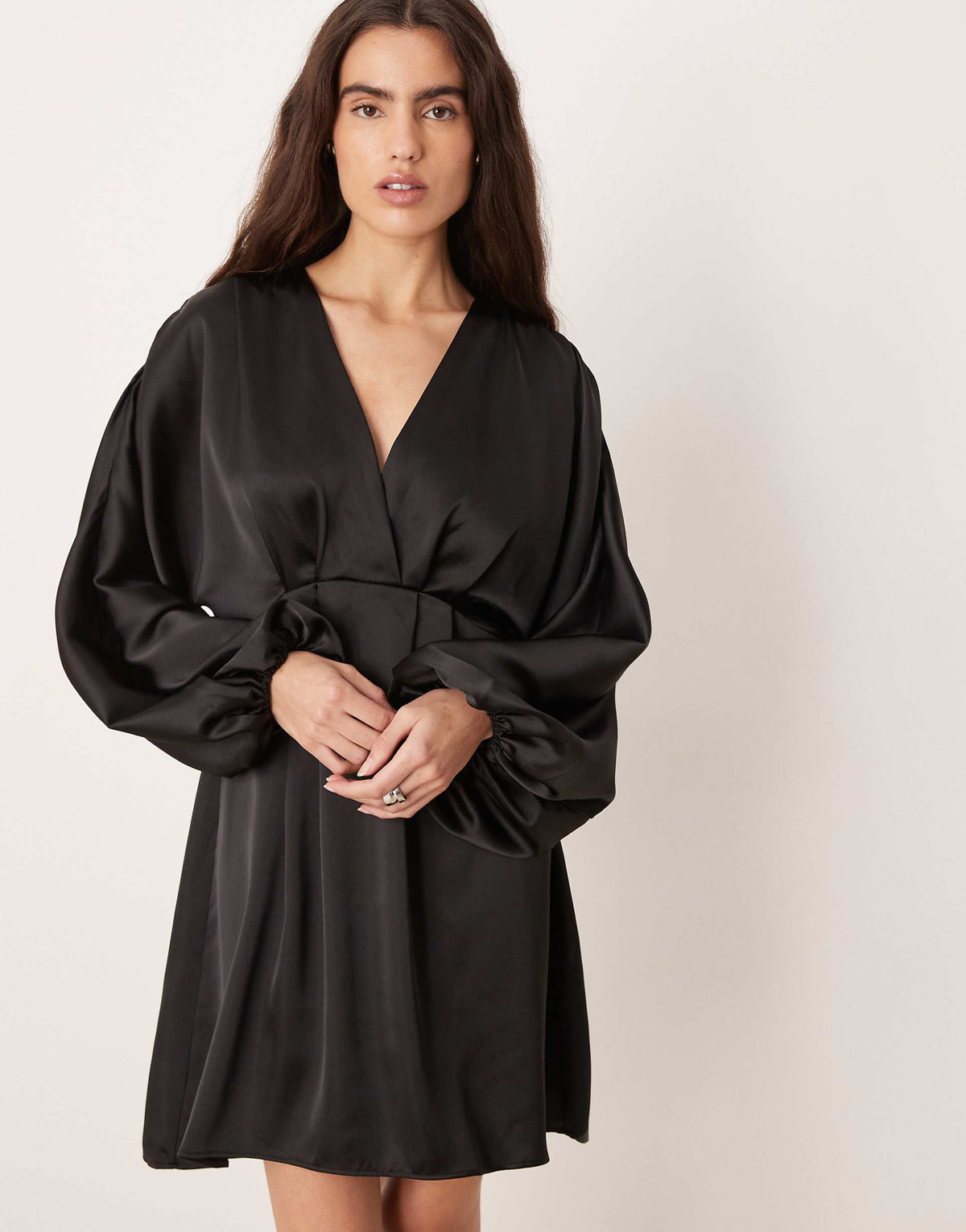 Gina Tricot v neck satin batwing sleeve mini dress with wrap front detail in black