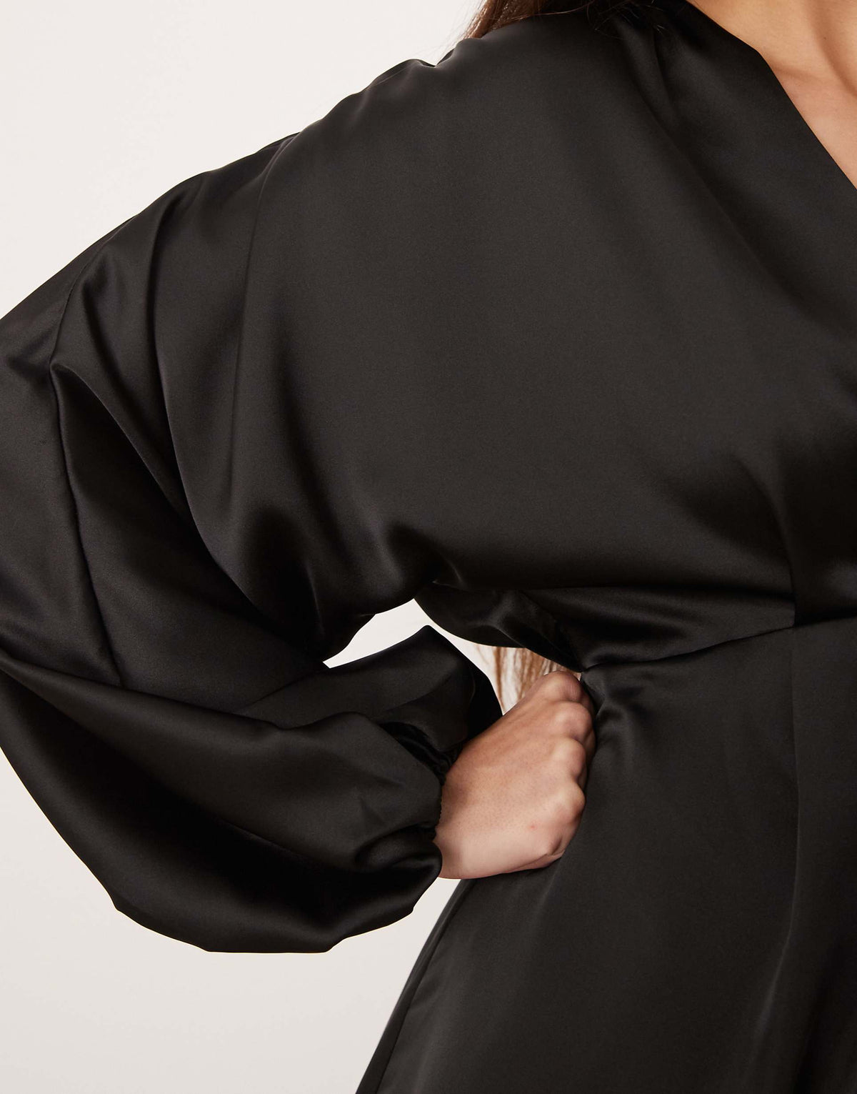 Gina Tricot v neck satin batwing sleeve mini dress with wrap front detail in black