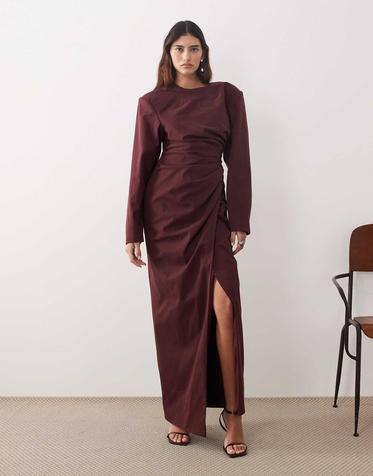 ARRANGE high neck shoulder pad pleated waist maxi dress in berry