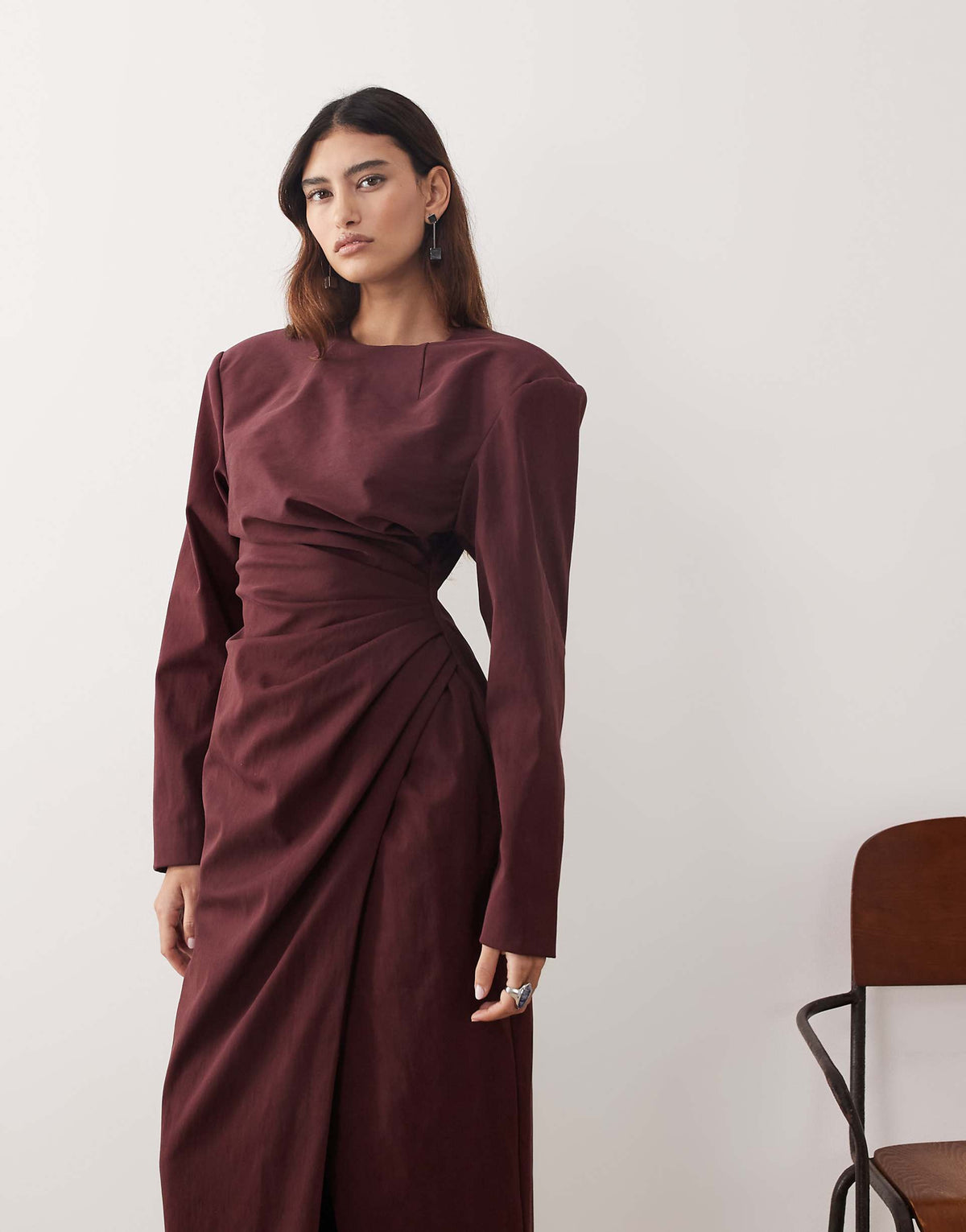 ARRANGE high neck shoulder pad pleated waist maxi dress in berry