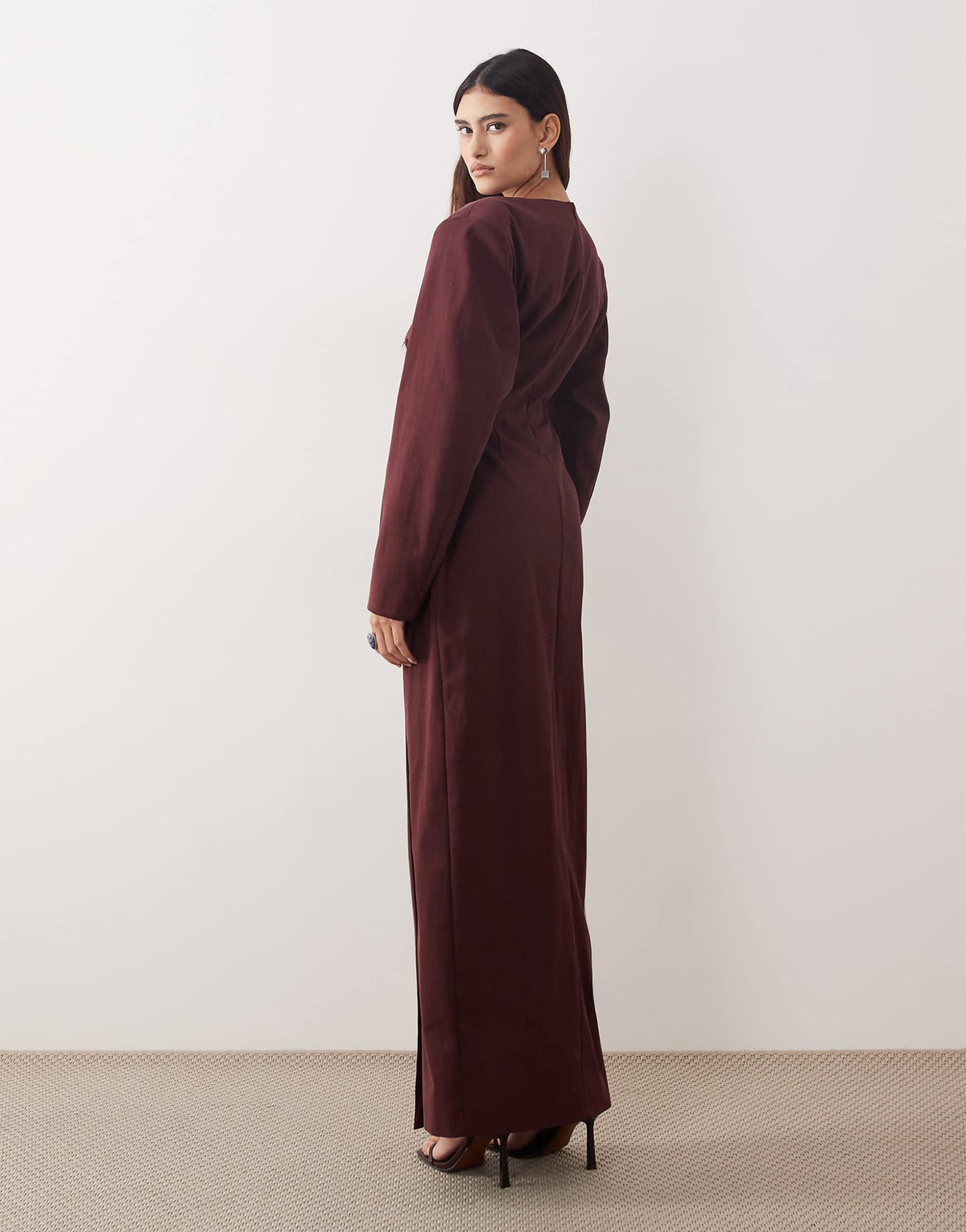 ARRANGE high neck shoulder pad pleated waist maxi dress in berry