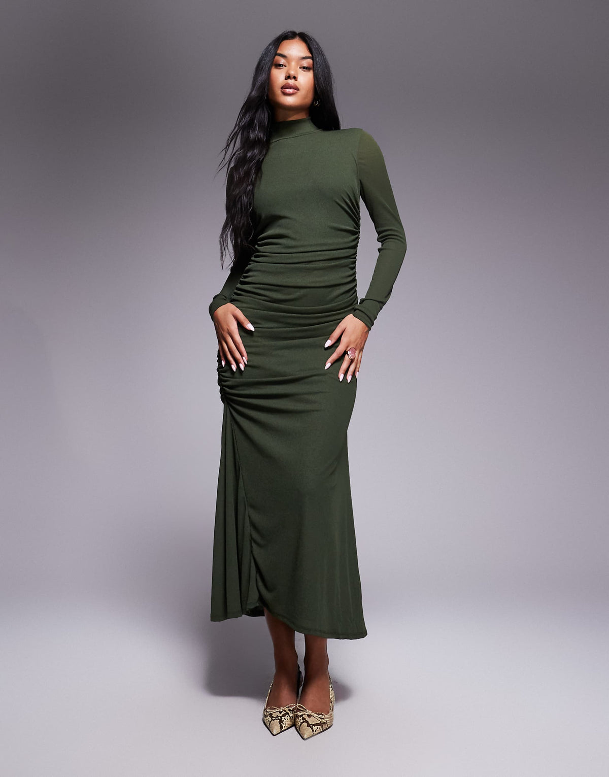 ASOS DESIGN high neck long sleeve asymmetric hem maxi dress in khaki
