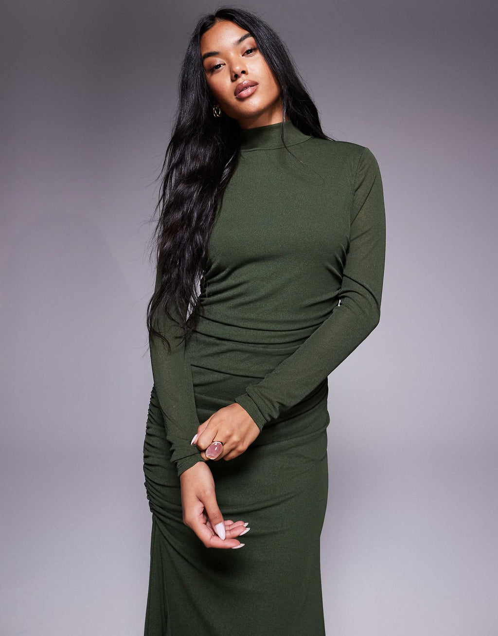 ASOS DESIGN high neck long sleeve asymmetric hem maxi dress in khaki