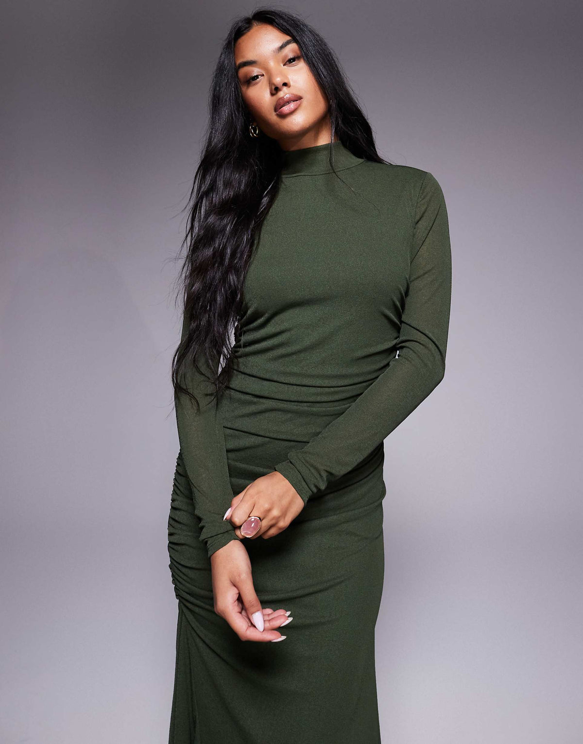 ASOS DESIGN high neck long sleeve asymmetric hem maxi dress in khaki