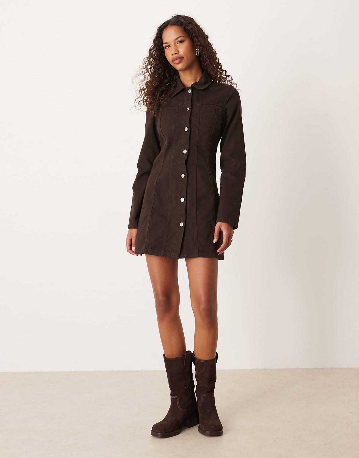 ASOS DESIGN denim long sleeve fit and flare mini dress in chocolate