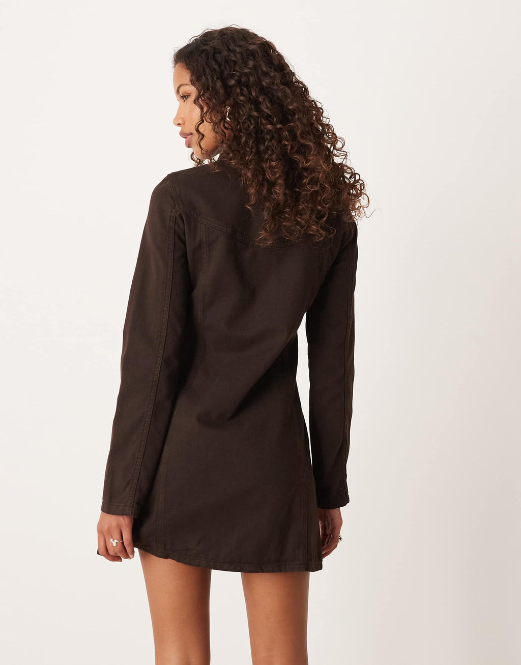 ASOS DESIGN denim long sleeve fit and flare mini dress in chocolate
