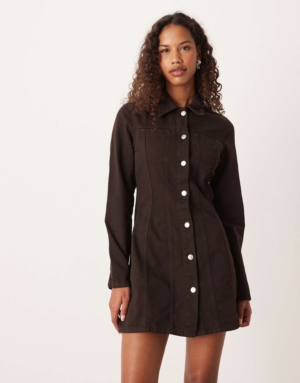 ASOS DESIGN denim long sleeve fit and flare mini dress in chocolate