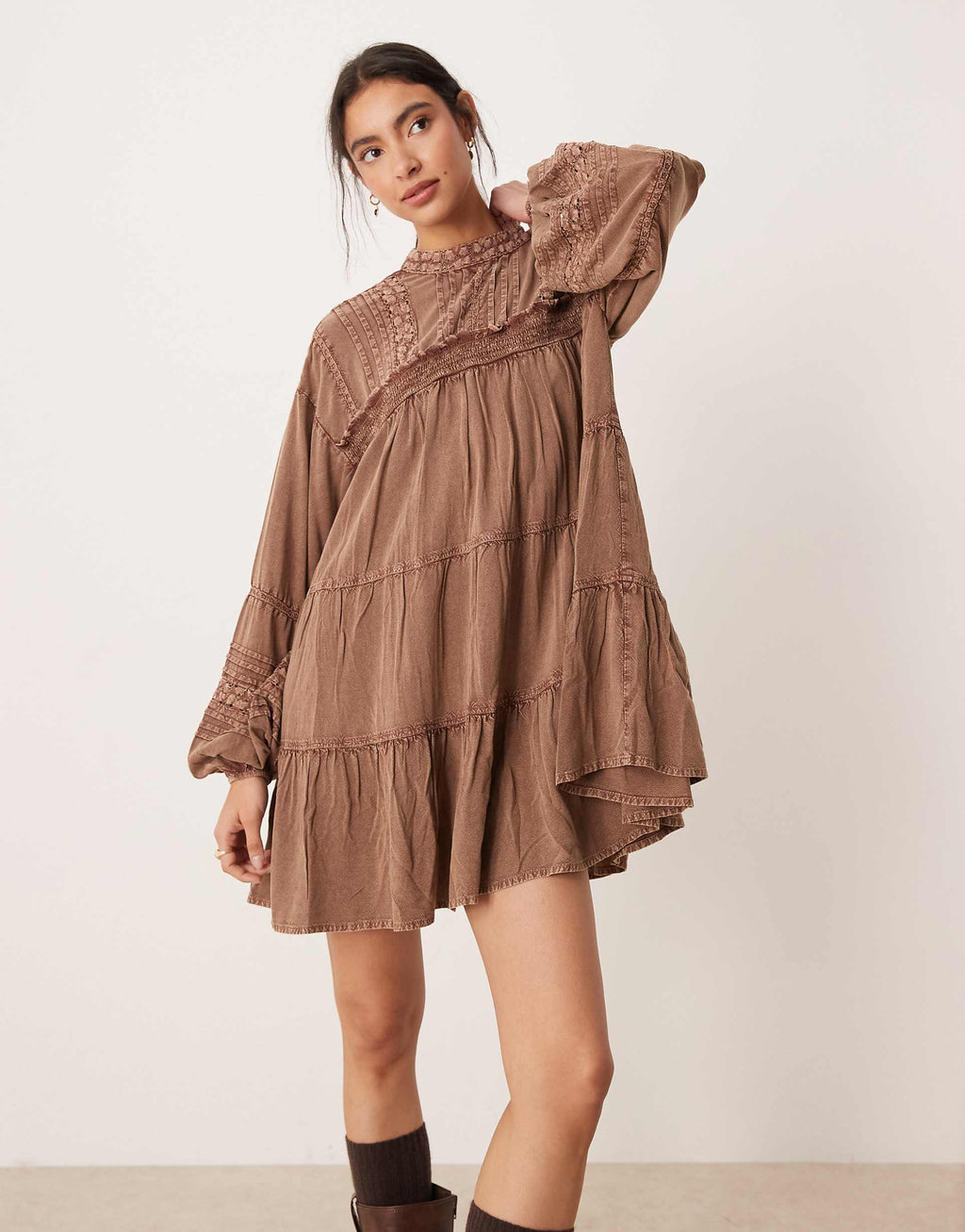 ASOS DESIGN high neck smock mini dress with lace trims in brown