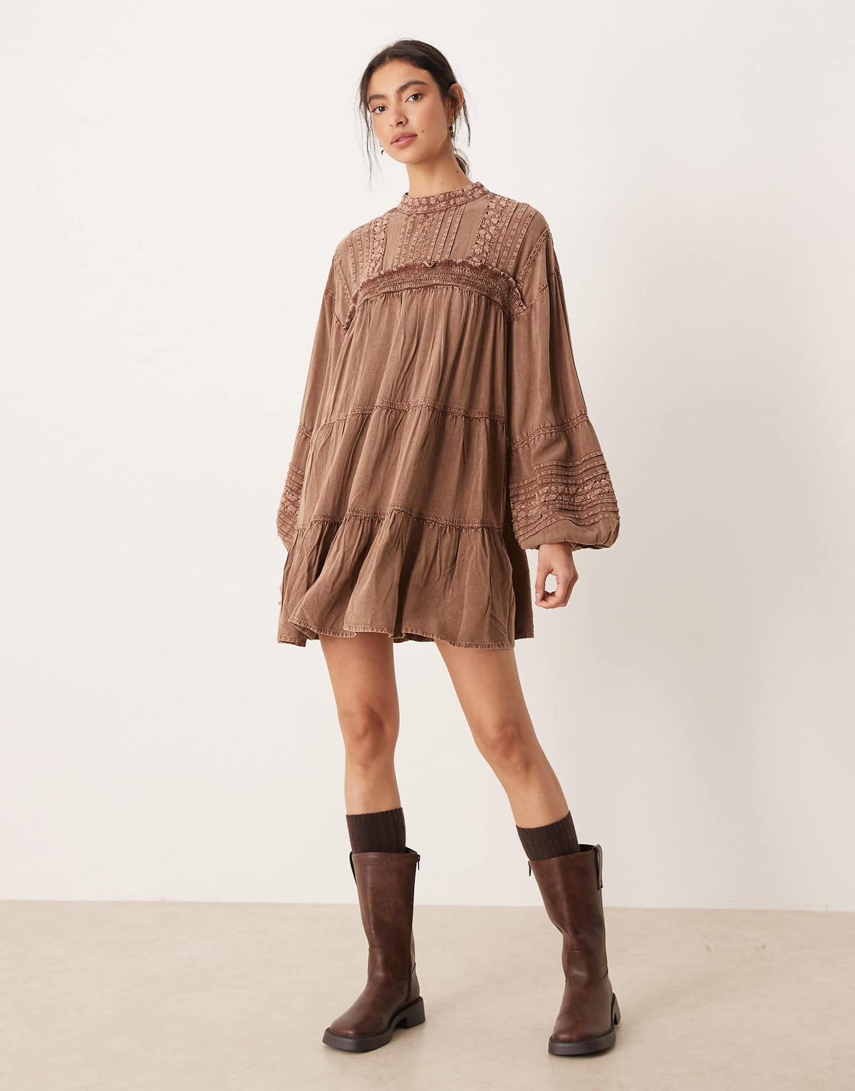 ASOS DESIGN high neck smock mini dress with lace trims in brown