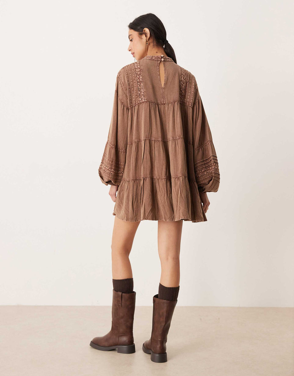 ASOS DESIGN high neck smock mini dress with lace trims in brown