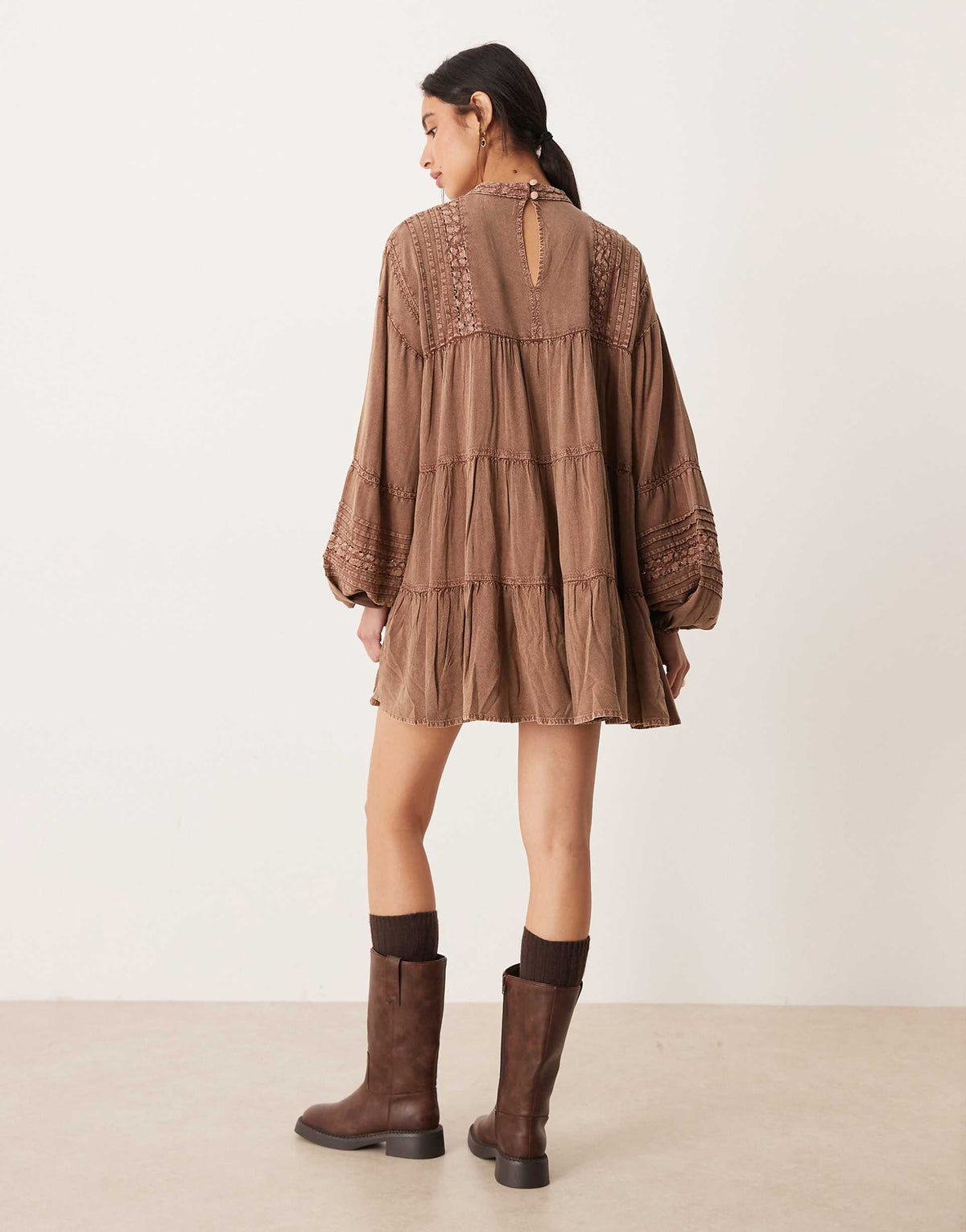 ASOS DESIGN high neck smock mini dress with lace trims in brown