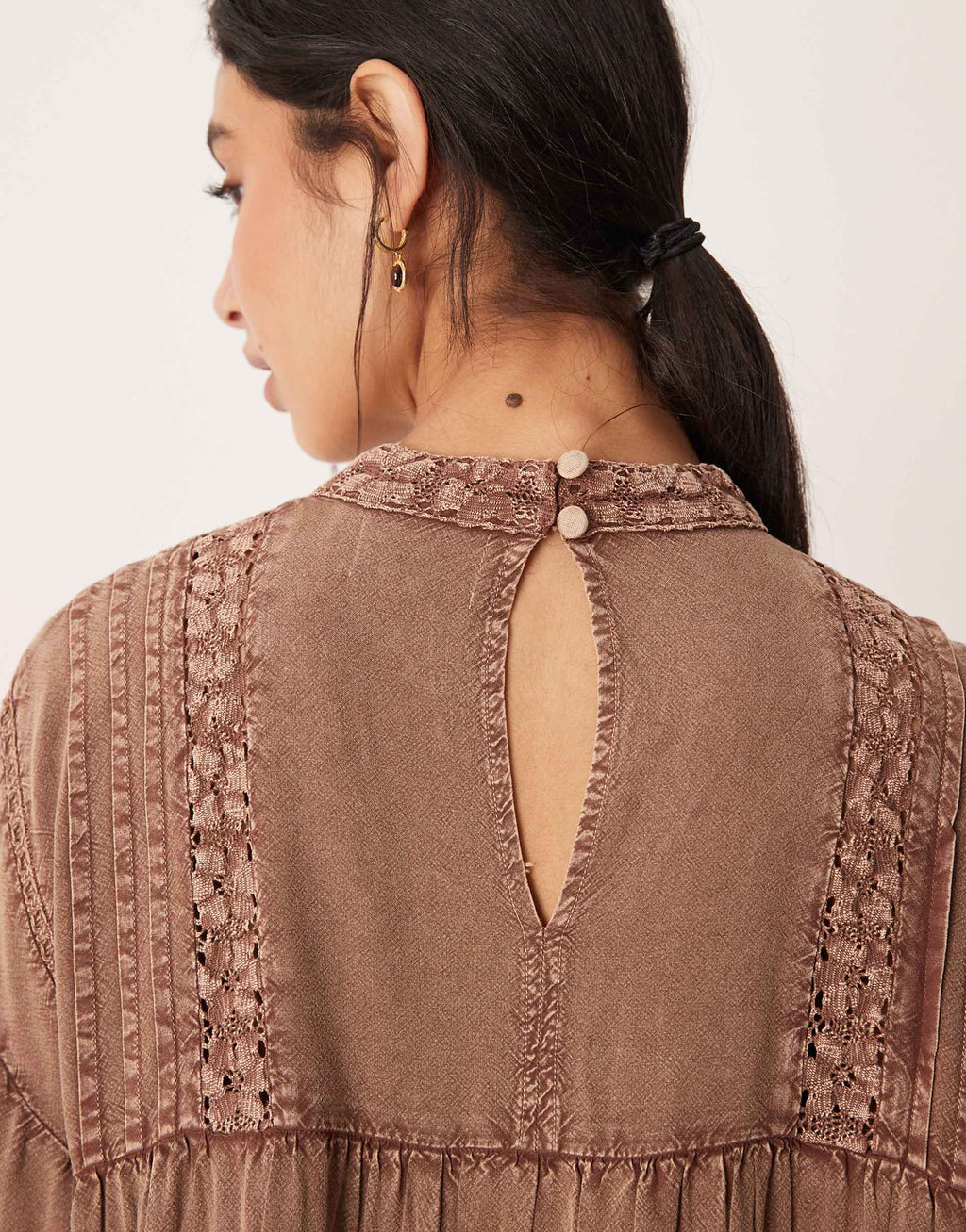 ASOS DESIGN high neck smock mini dress with lace trims in brown