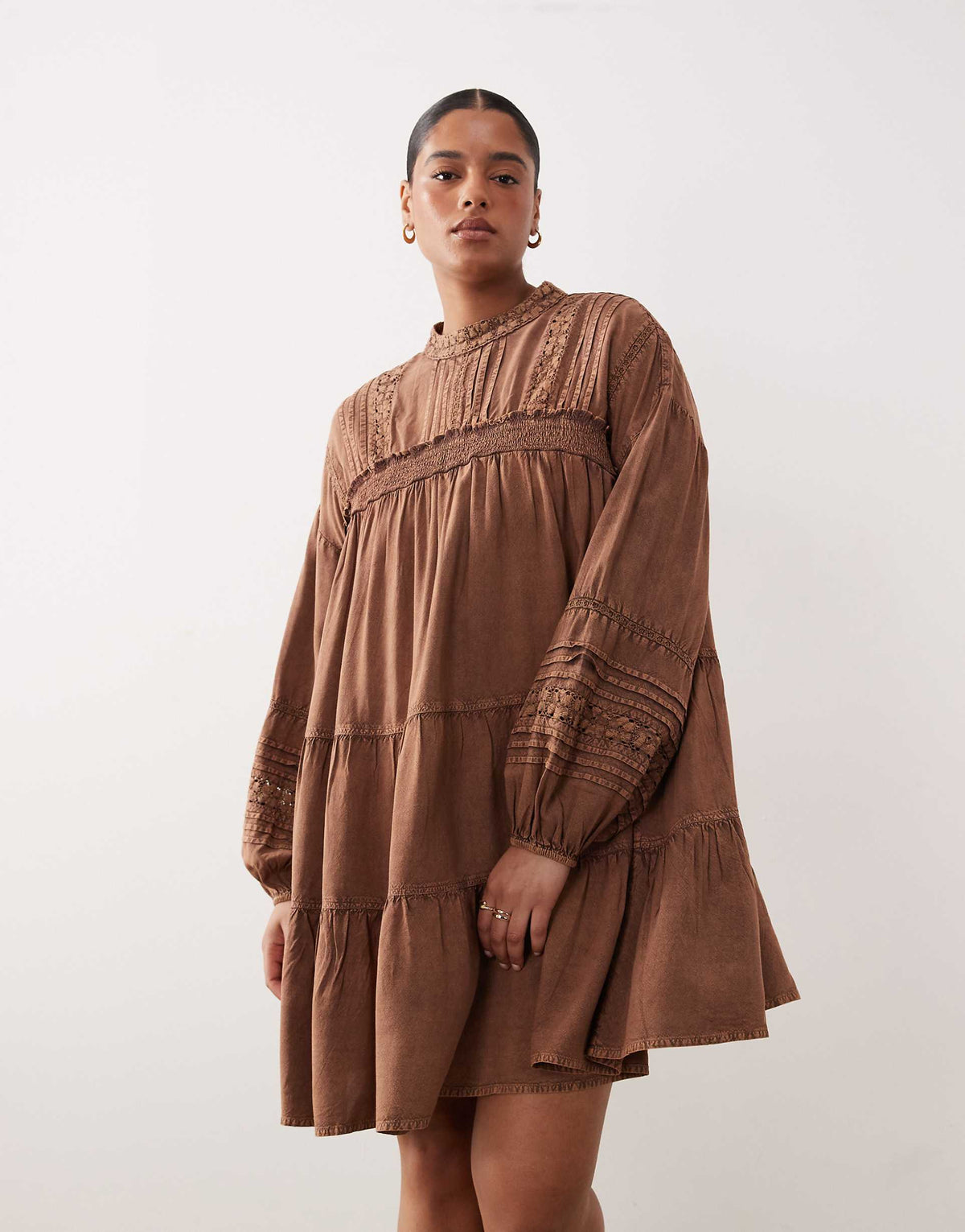 ASOS DESIGN Curve mini smock dress with lace trim in washed chocolate