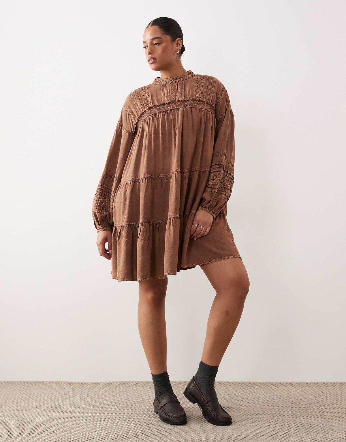 ASOS DESIGN Curve mini smock dress with lace trim in washed chocolate