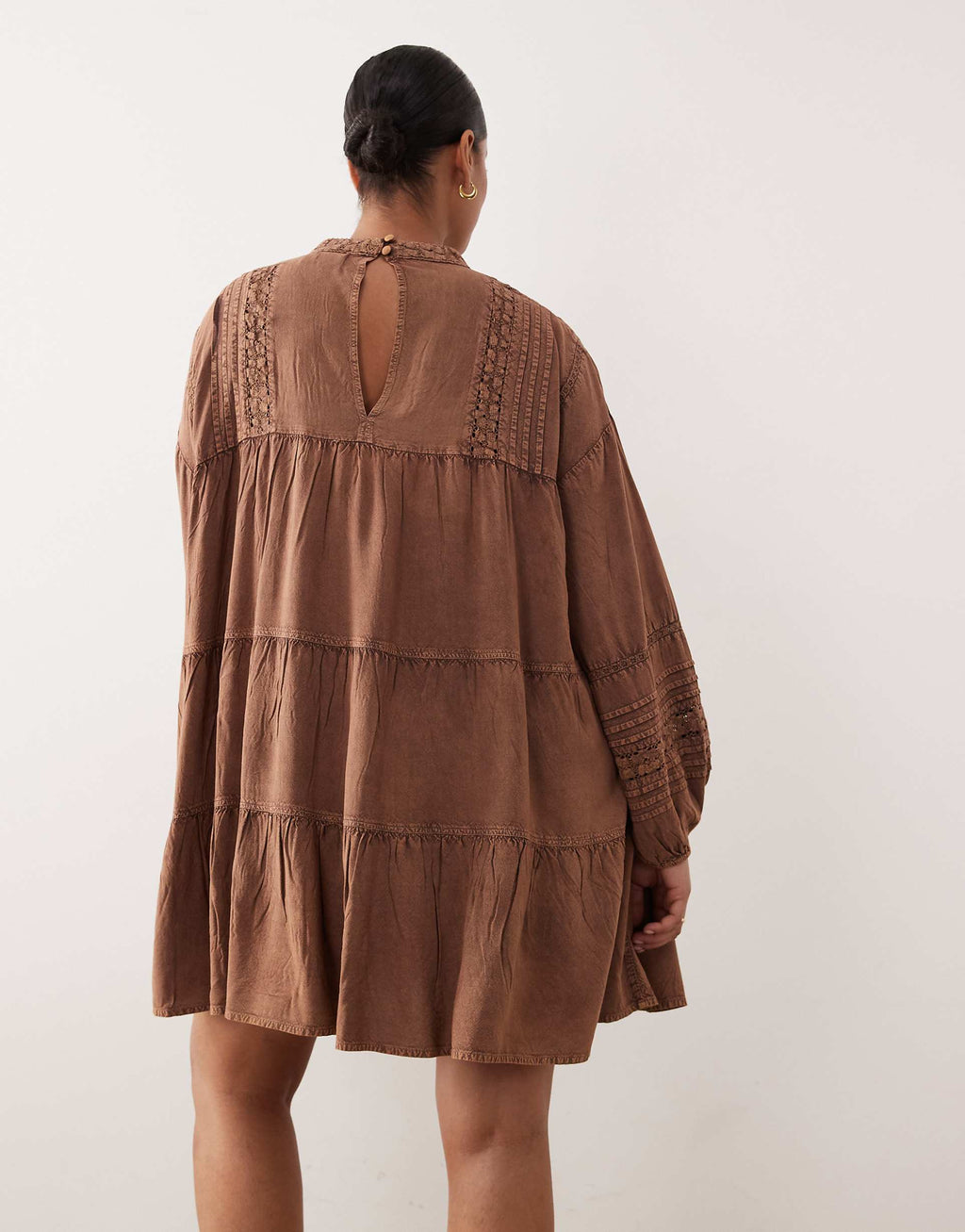 ASOS DESIGN Curve mini smock dress with lace trim in washed chocolate