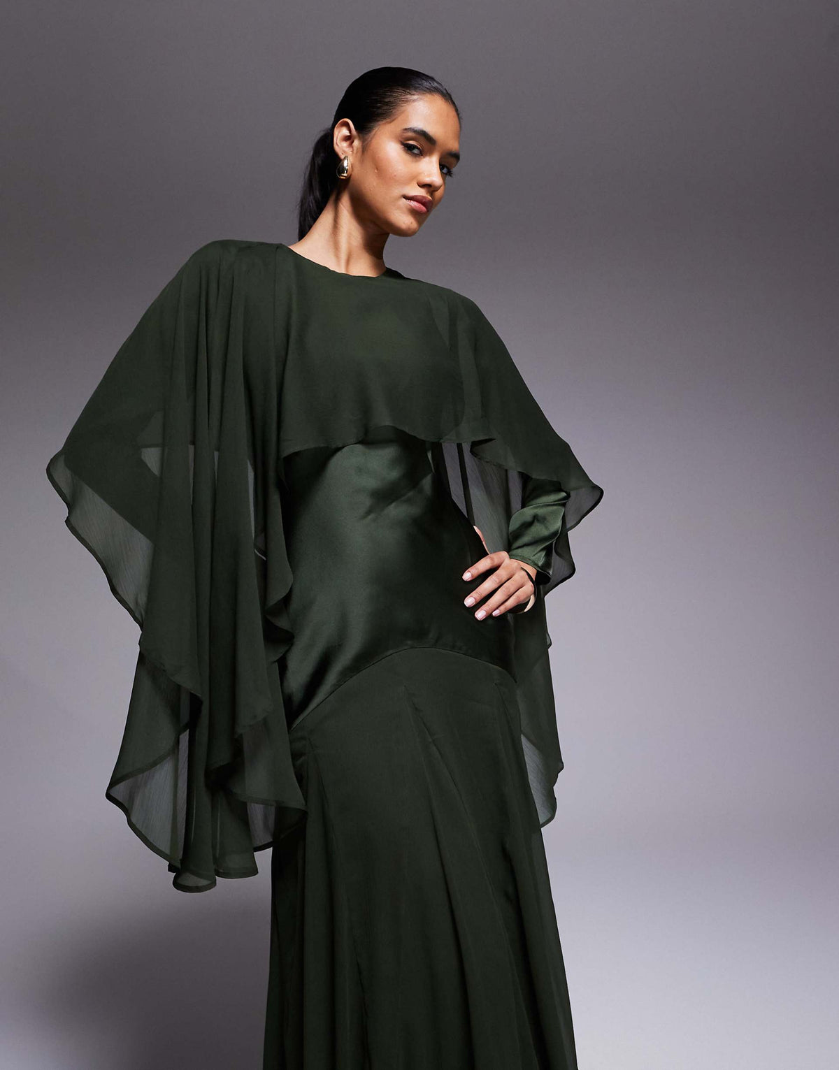 ASOS DESIGN cape detail ruffle chiffon satin mix maxi dress in dark green