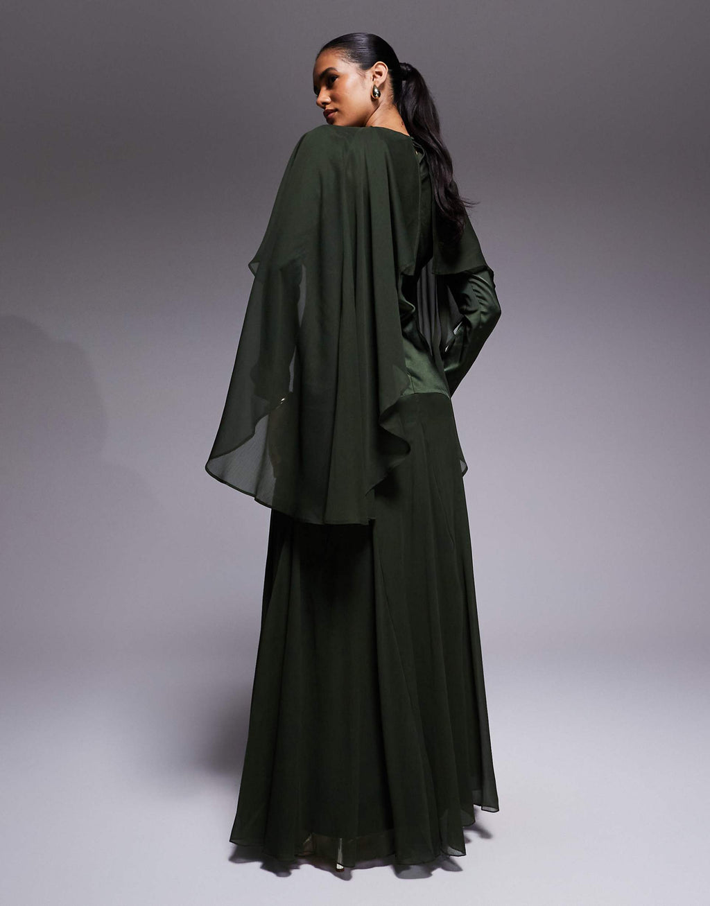 ASOS DESIGN cape detail ruffle chiffon satin mix maxi dress in dark green