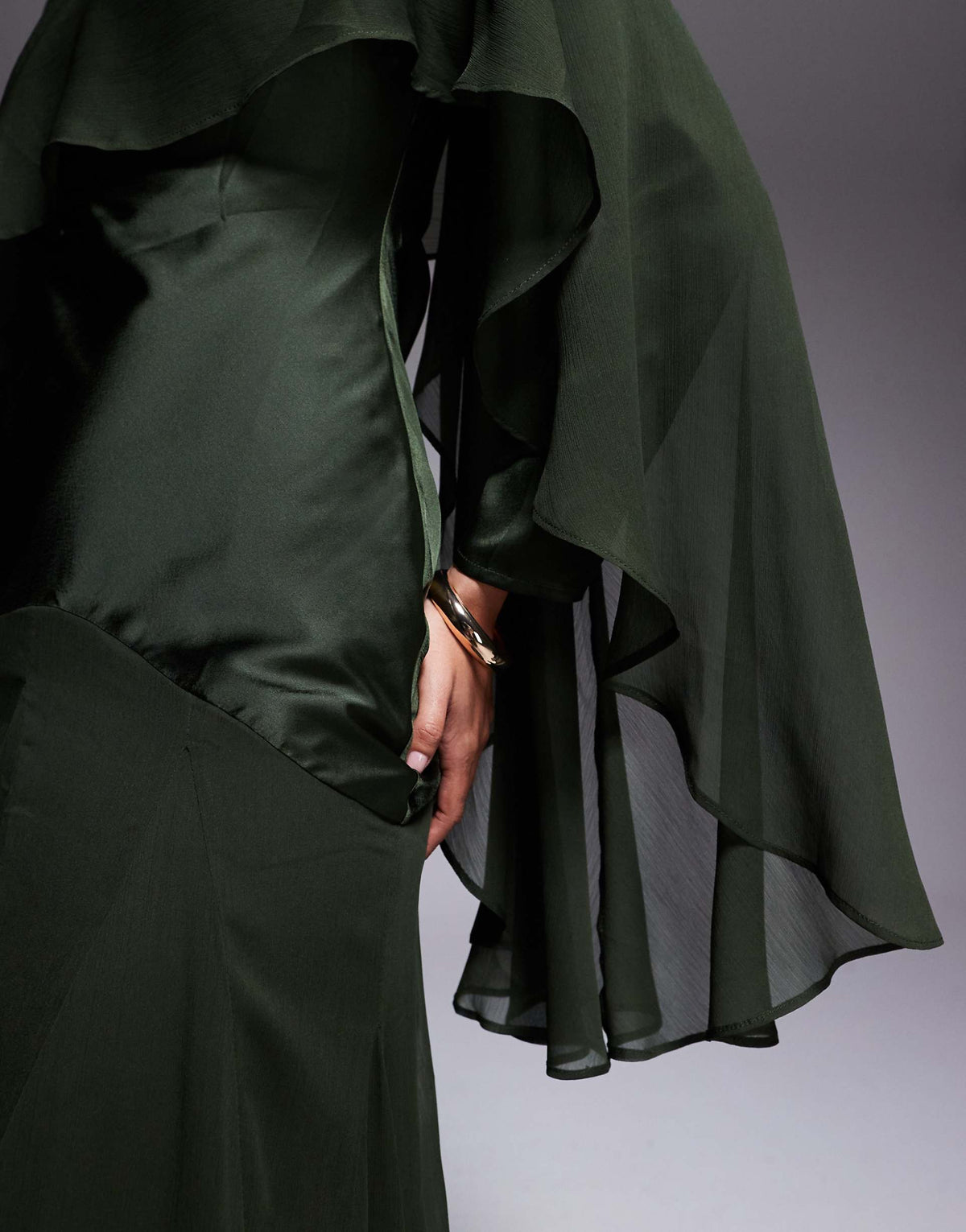 ASOS DESIGN cape detail ruffle chiffon satin mix maxi dress in dark green