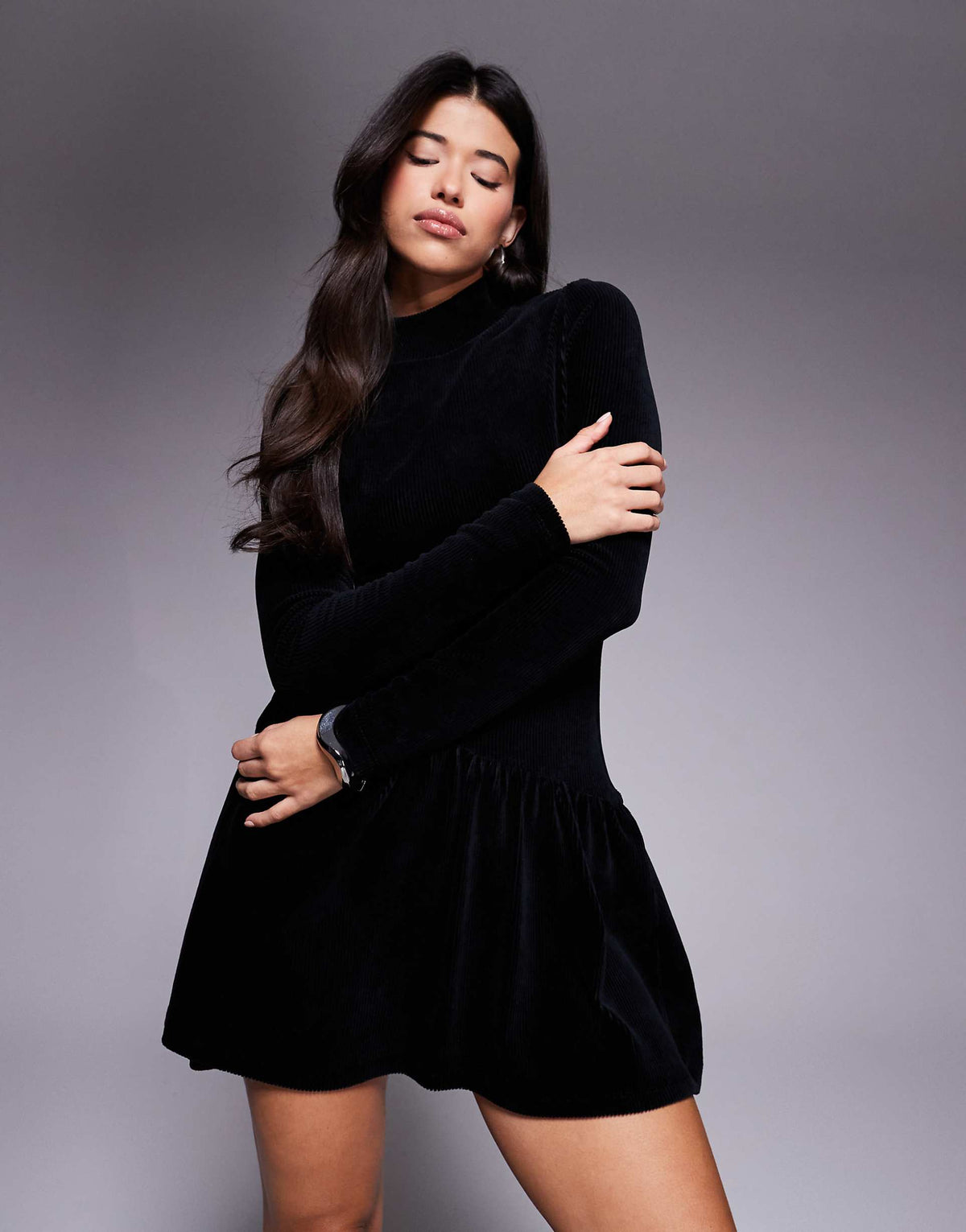ASOS DESIGN high neck long sleeve cord mini dress in black