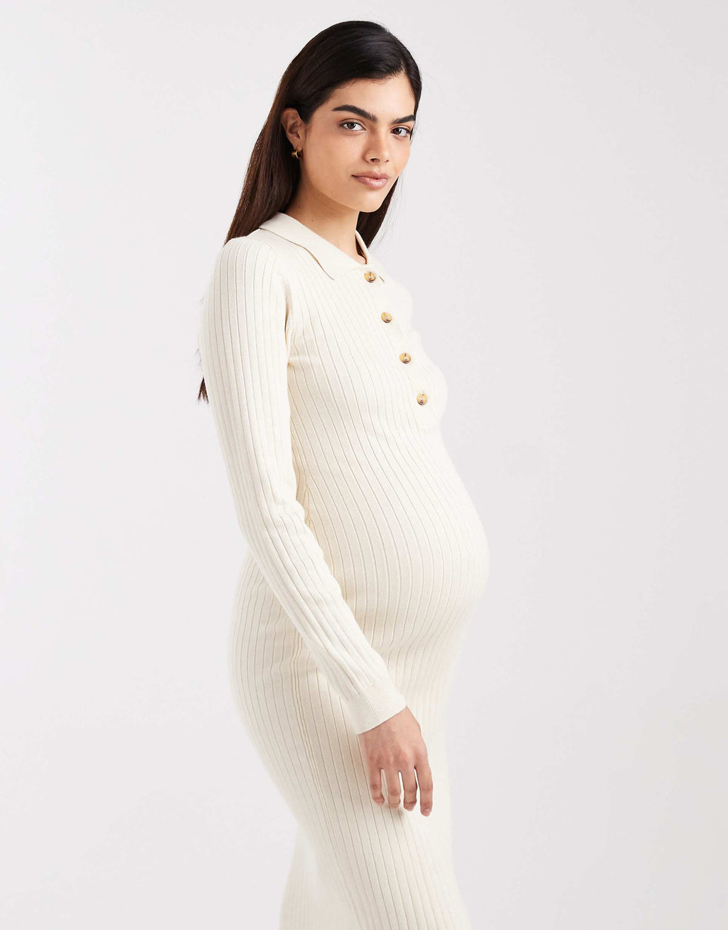 Mamalicious Maternity long sleeve 2 function nursing ribbed button front midi dress in cream