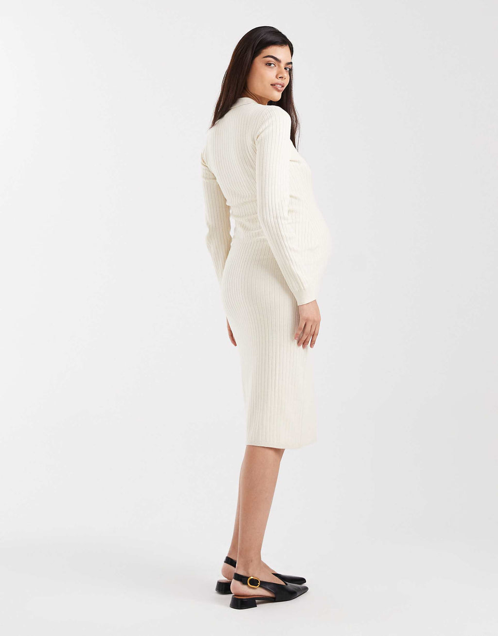 Mamalicious Maternity long sleeve 2 function nursing ribbed button front midi dress in cream