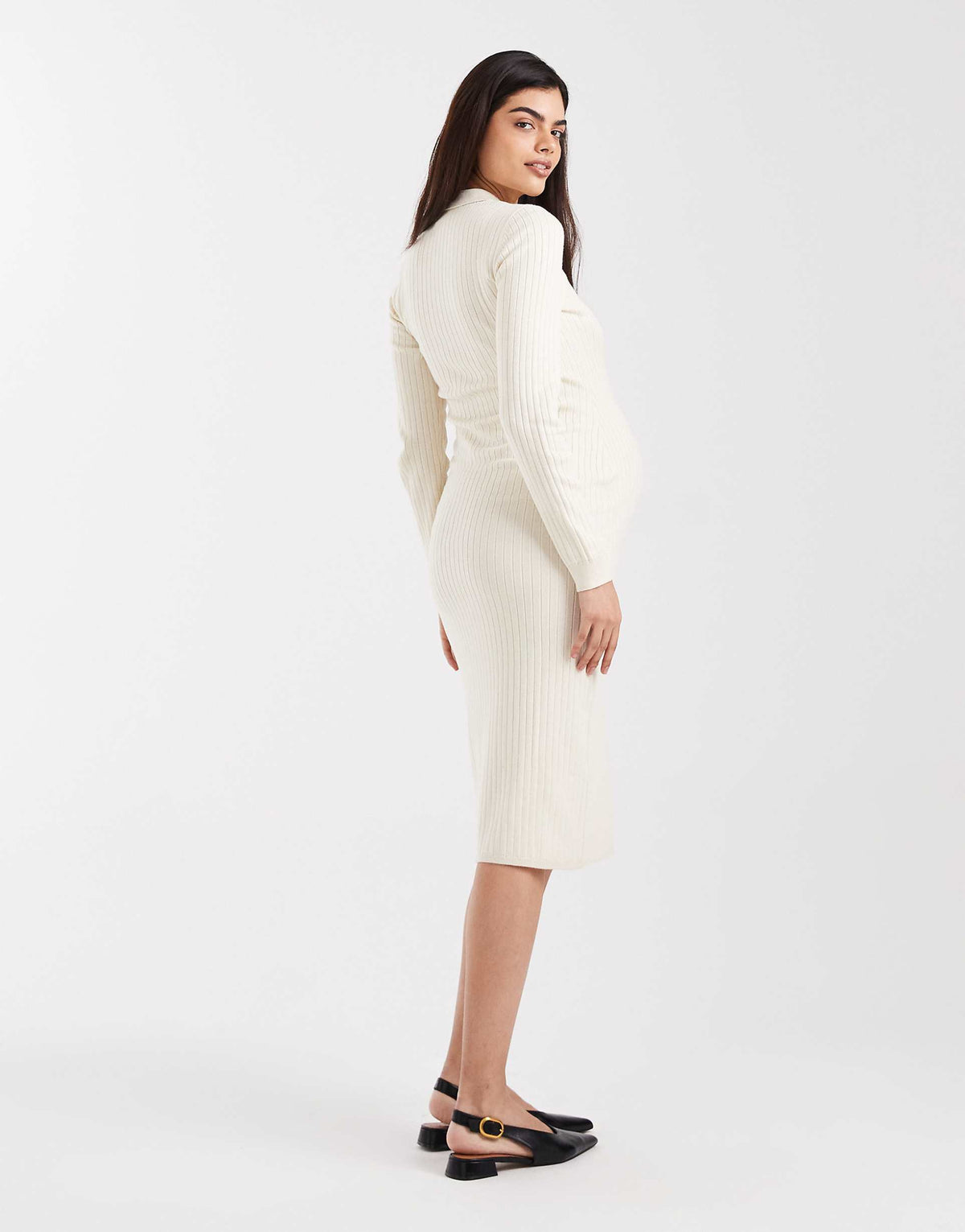 Mamalicious Maternity long sleeve 2 function nursing ribbed button front midi dress in cream