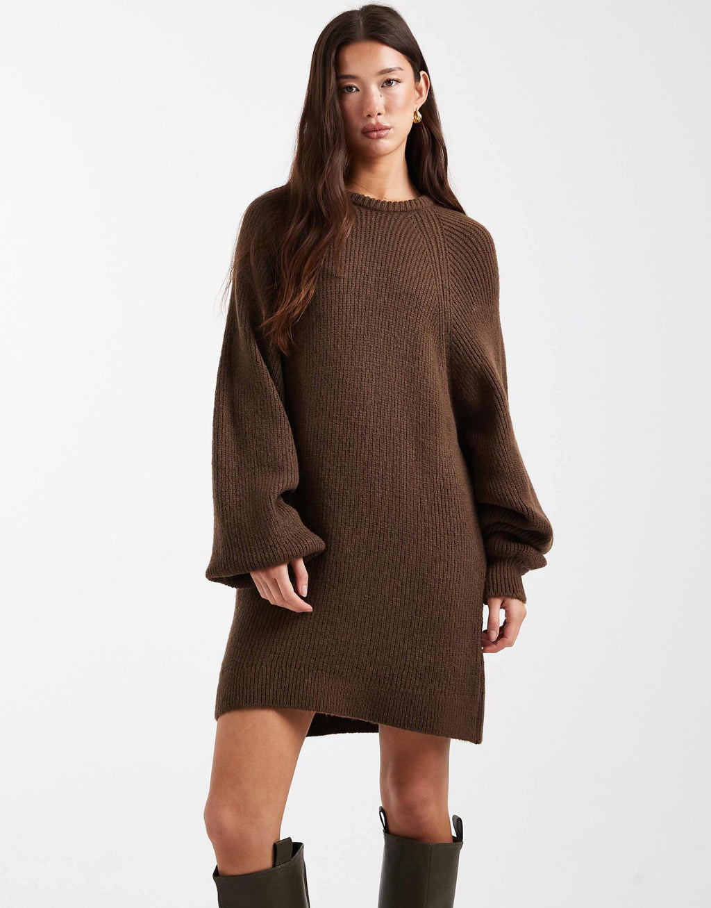 ASOS DESIGN knit oversized sweater dress with balloon sleeve in chocolate brown