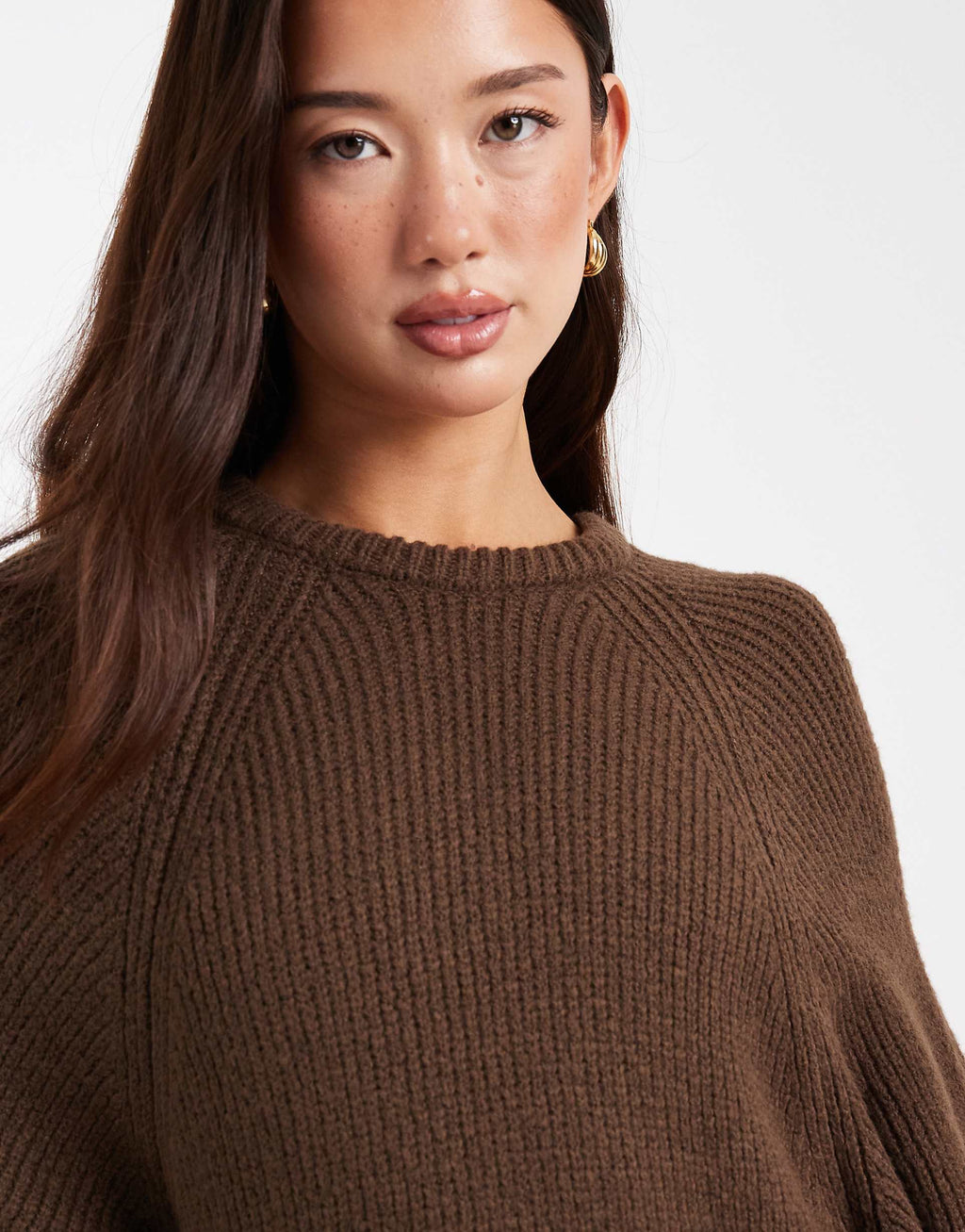 ASOS DESIGN knit oversized sweater dress with balloon sleeve in chocolate brown