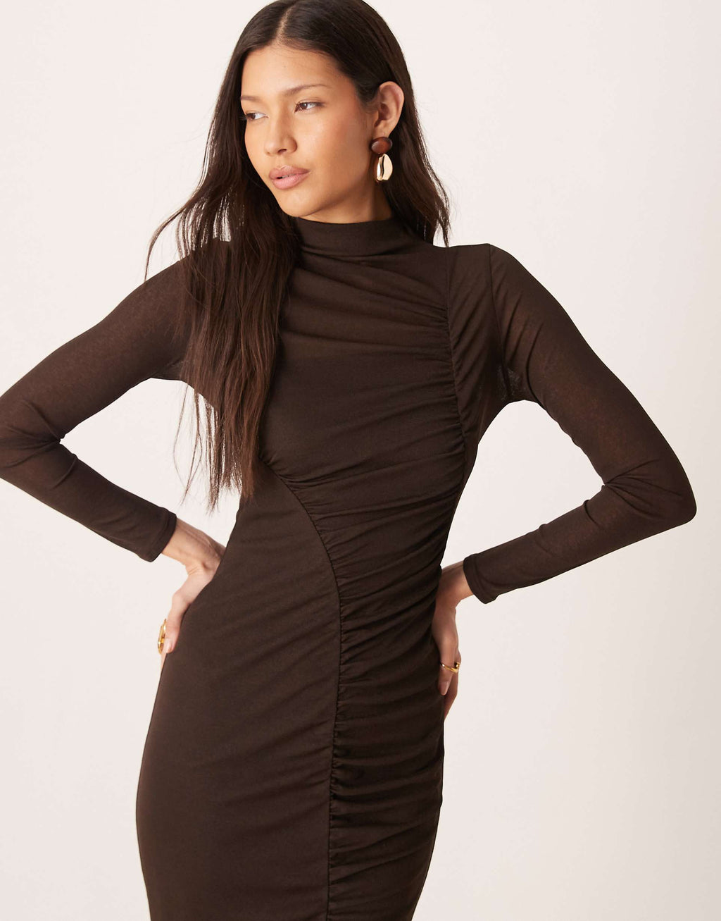 ASOS DESIGN asymmetric ruched midi dress in chocolate