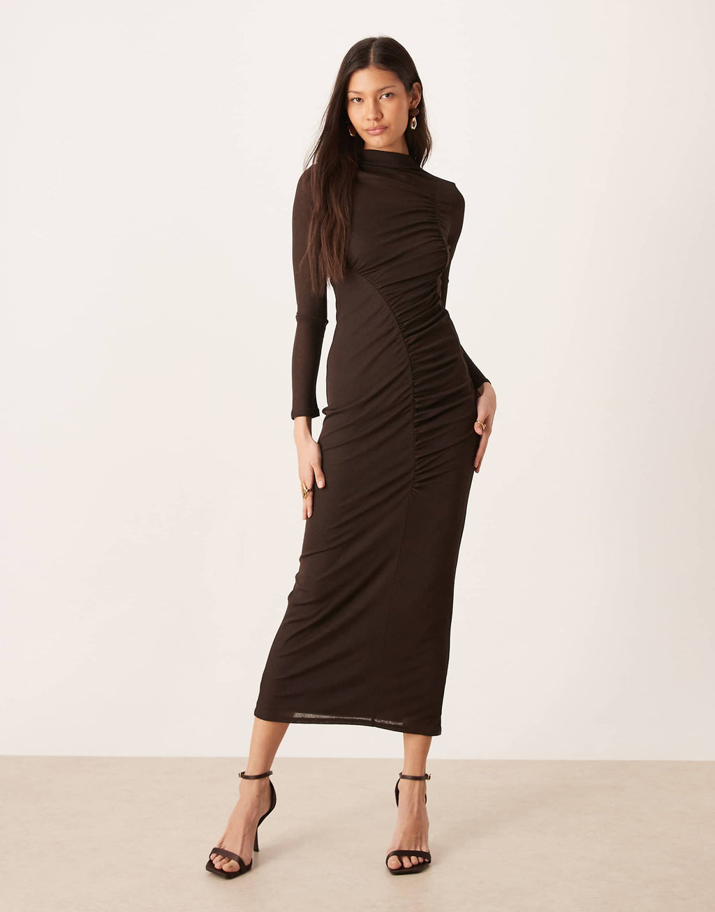 ASOS DESIGN asymmetric ruched midi dress in chocolate