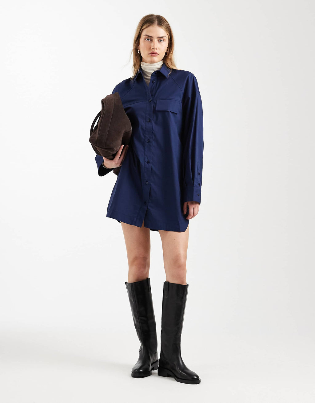 ASOS DESIGN long sleeve mini shirt dress with front pockets in navy