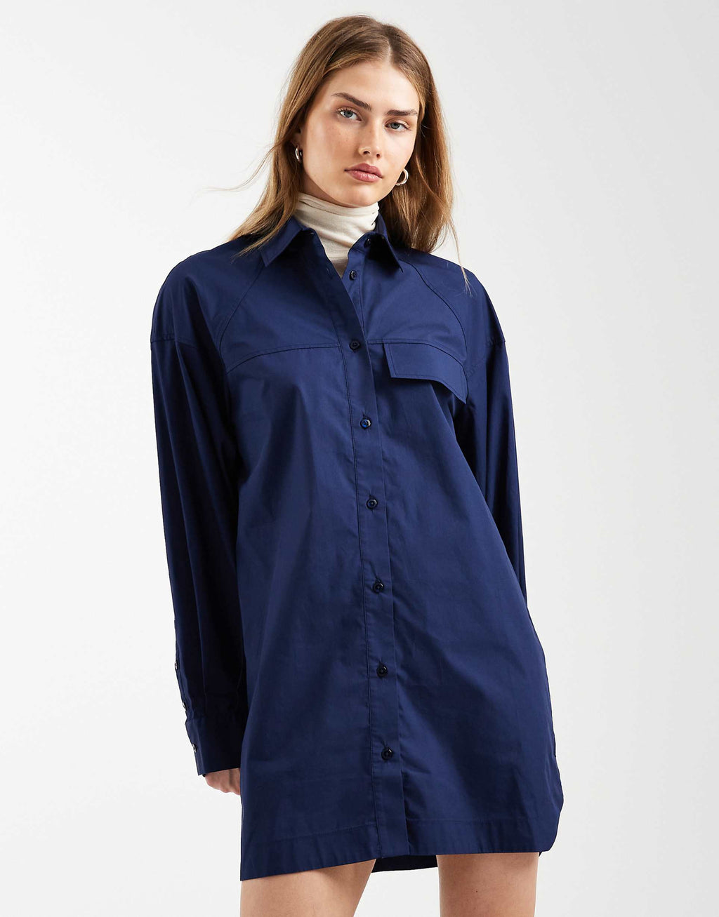 ASOS DESIGN long sleeve mini shirt dress with front pockets in navy