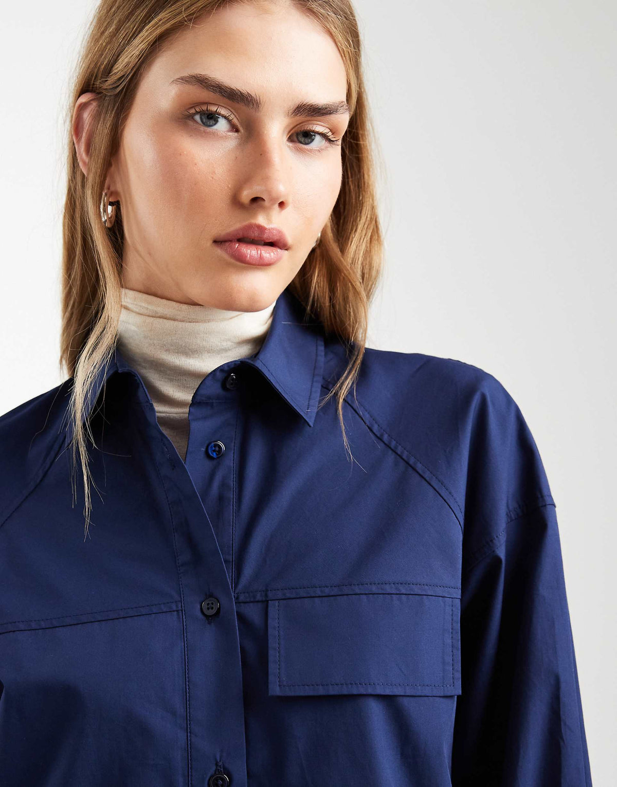 ASOS DESIGN long sleeve mini shirt dress with front pockets in navy