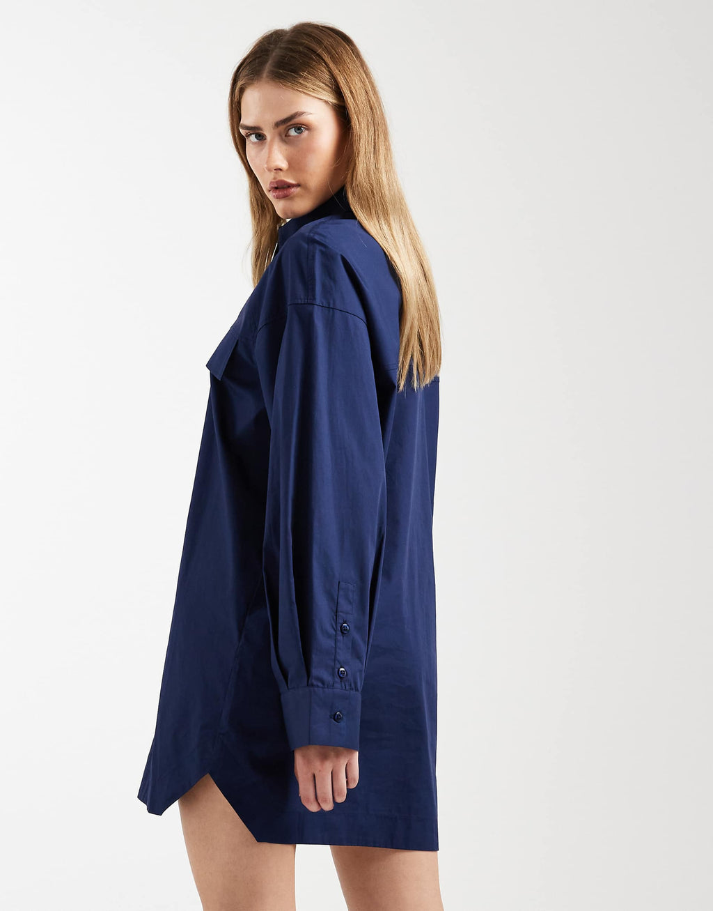 ASOS DESIGN long sleeve mini shirt dress with front pockets in navy