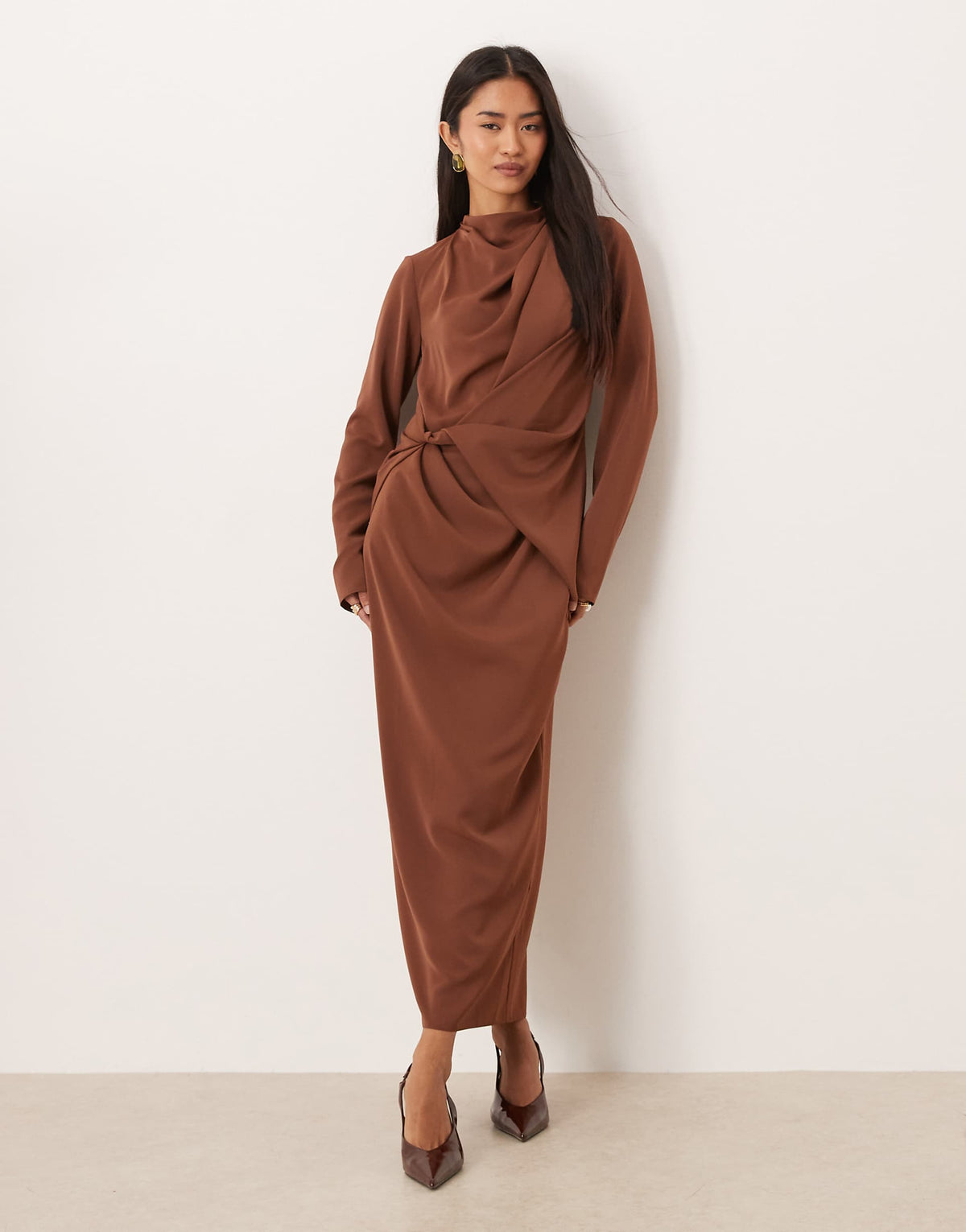 ASOS DESIGN high neck draped slinky maxi dress in chocolate
