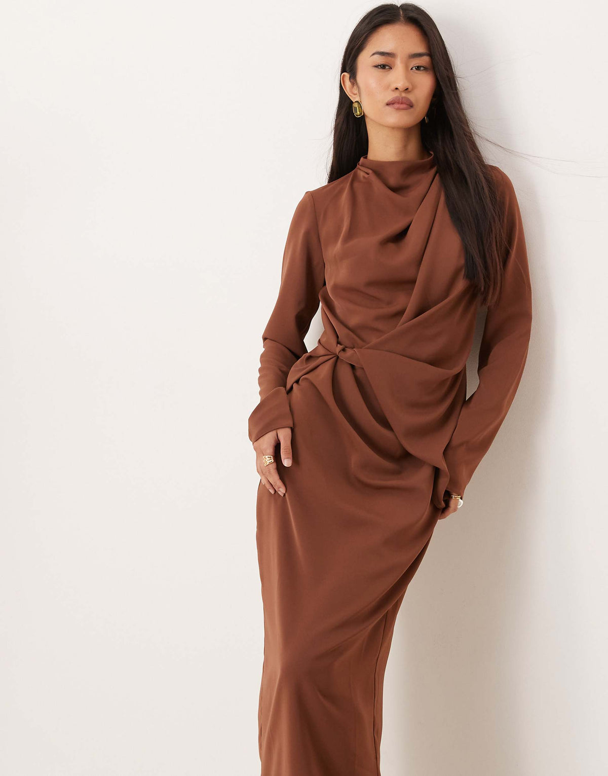 ASOS DESIGN high neck draped slinky maxi dress in chocolate