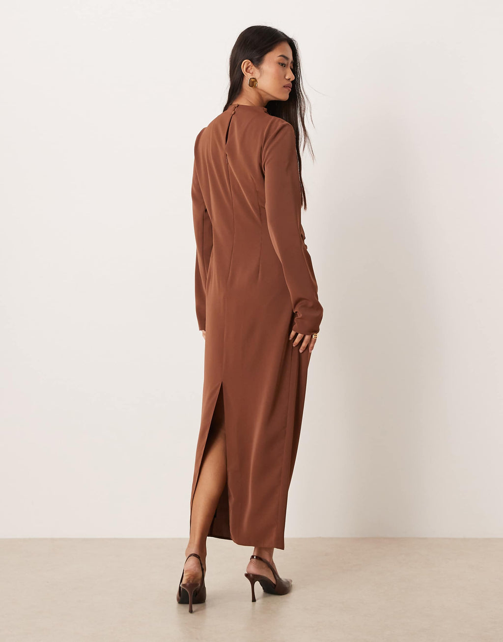 ASOS DESIGN high neck draped slinky maxi dress in chocolate