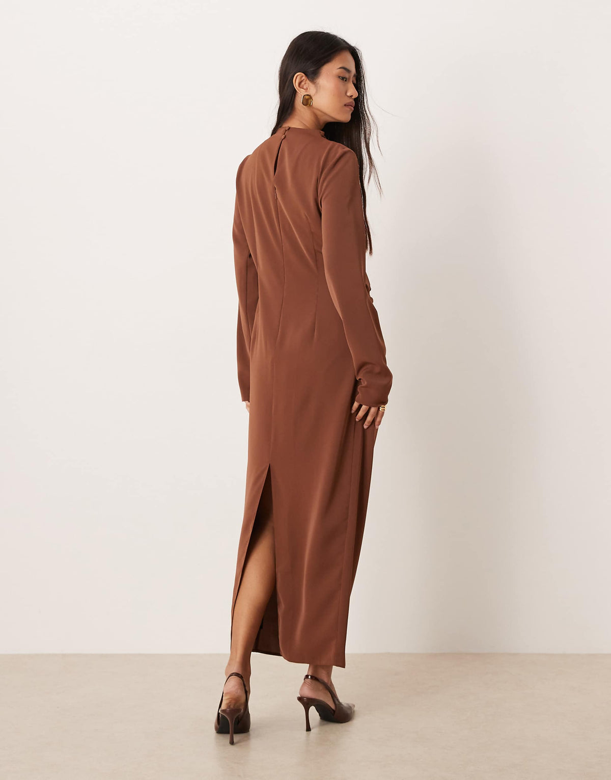 ASOS DESIGN high neck draped slinky maxi dress in chocolate