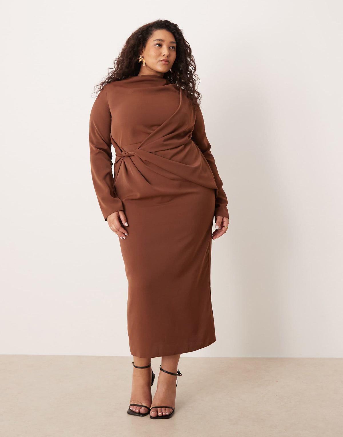 ASOS DESIGN Curve high neck draped slinky maxi dress in chocolate