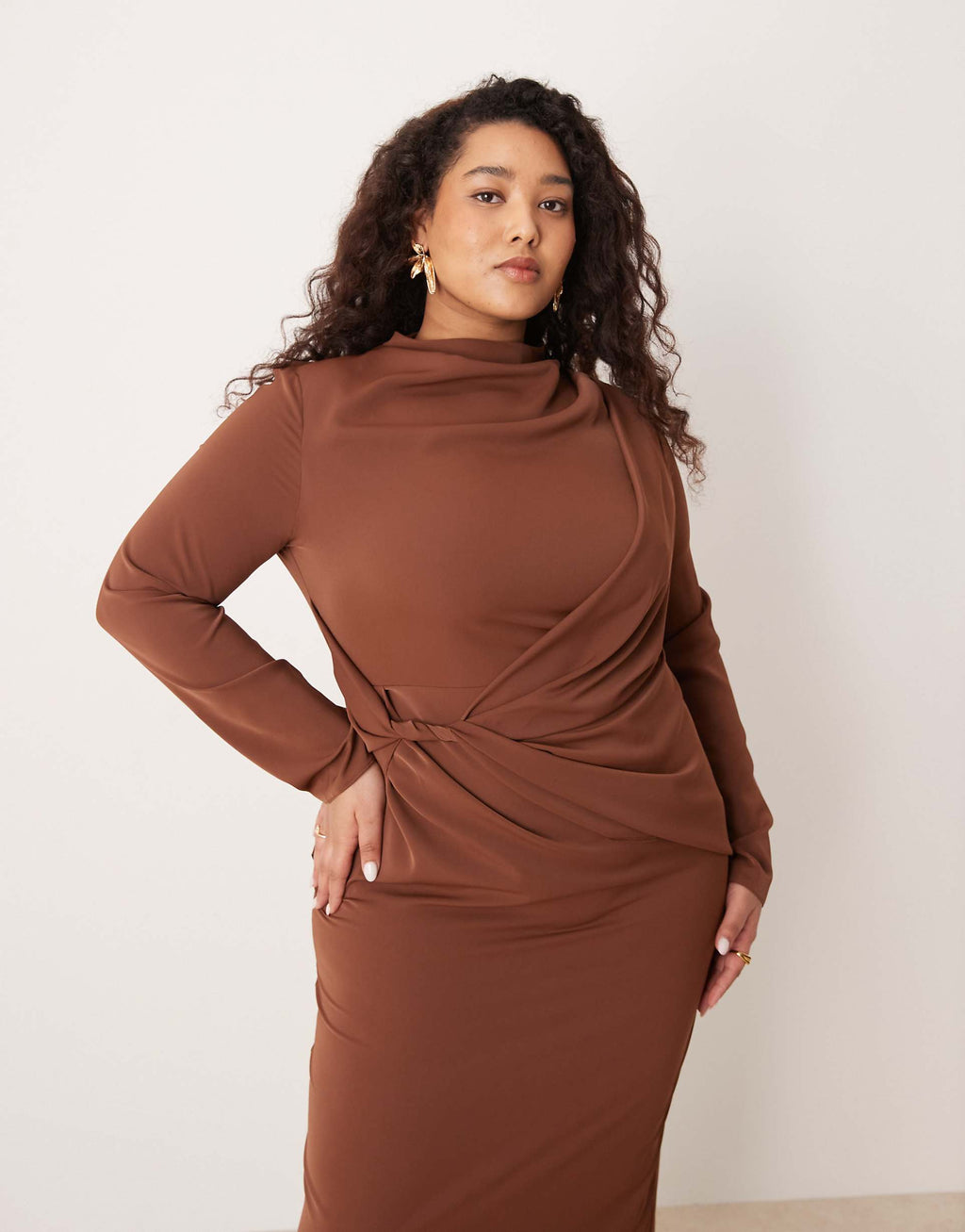 ASOS DESIGN Curve high neck draped slinky maxi dress in chocolate