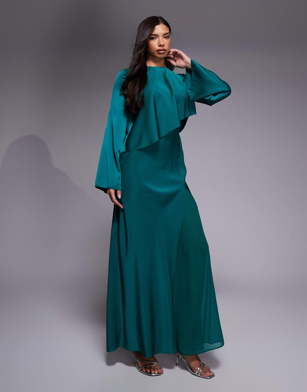 ASOS DESIGN satin long sleeve cape detail maxi dress in teal
