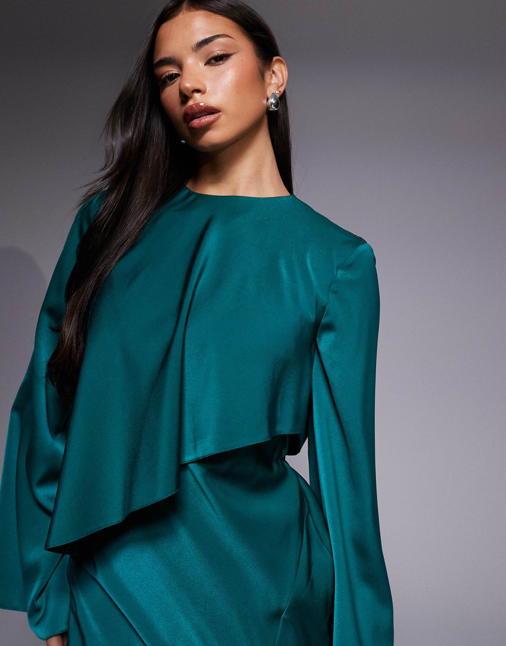 ASOS DESIGN satin long sleeve cape detail maxi dress in teal
