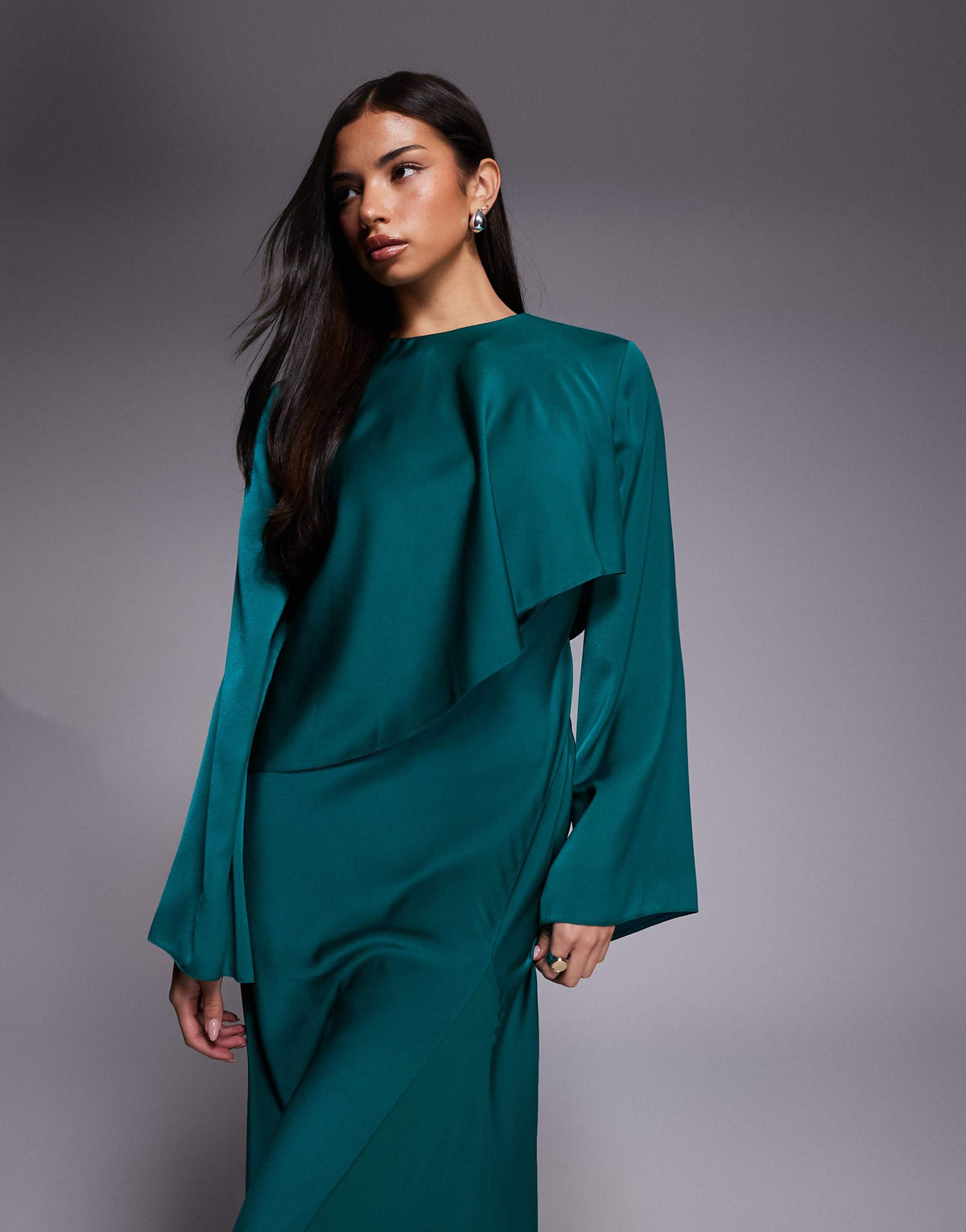 ASOS DESIGN satin long sleeve cape detail maxi dress in teal