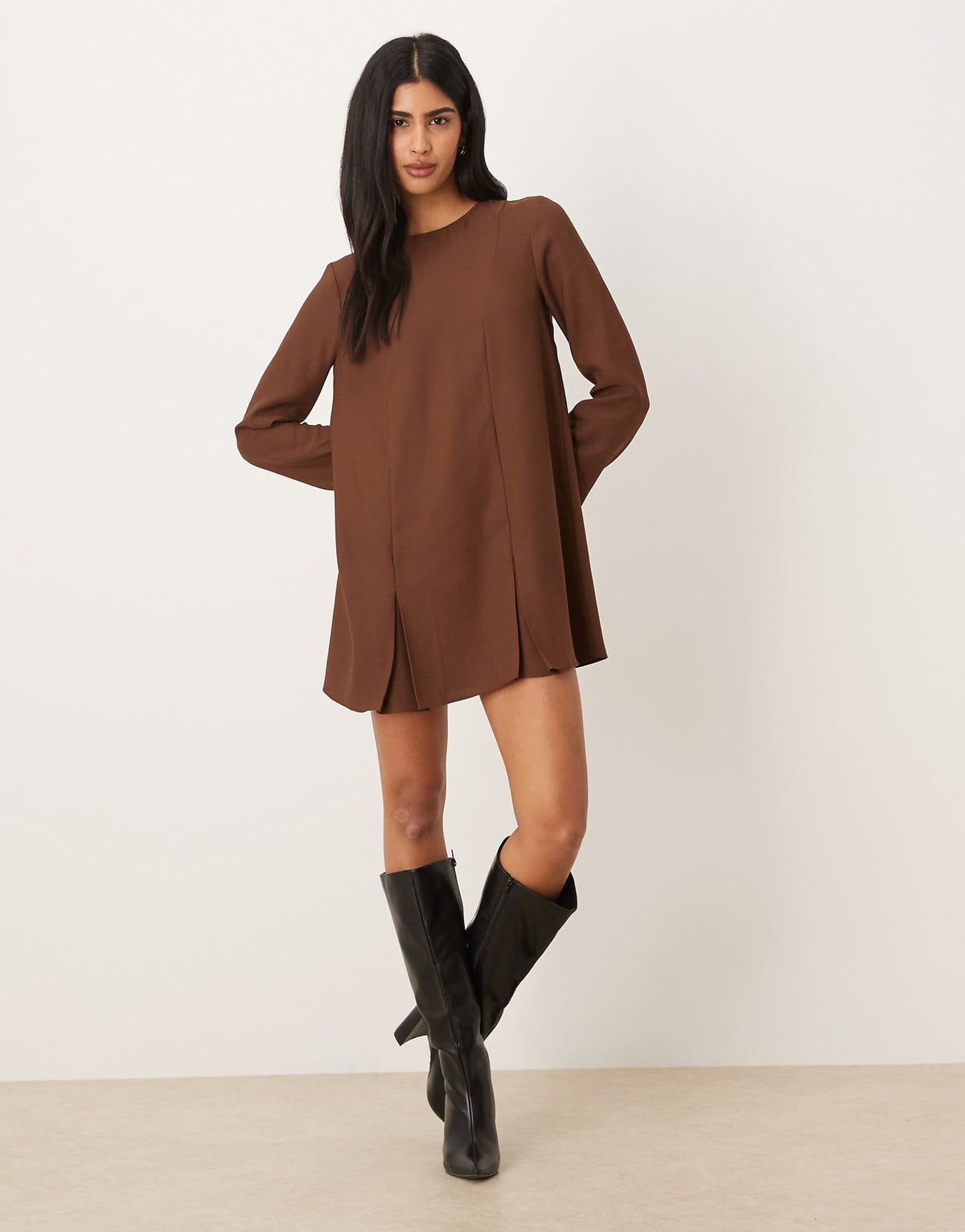 ASOS DESIGN long sleeve satin godets mini dress in chocolate