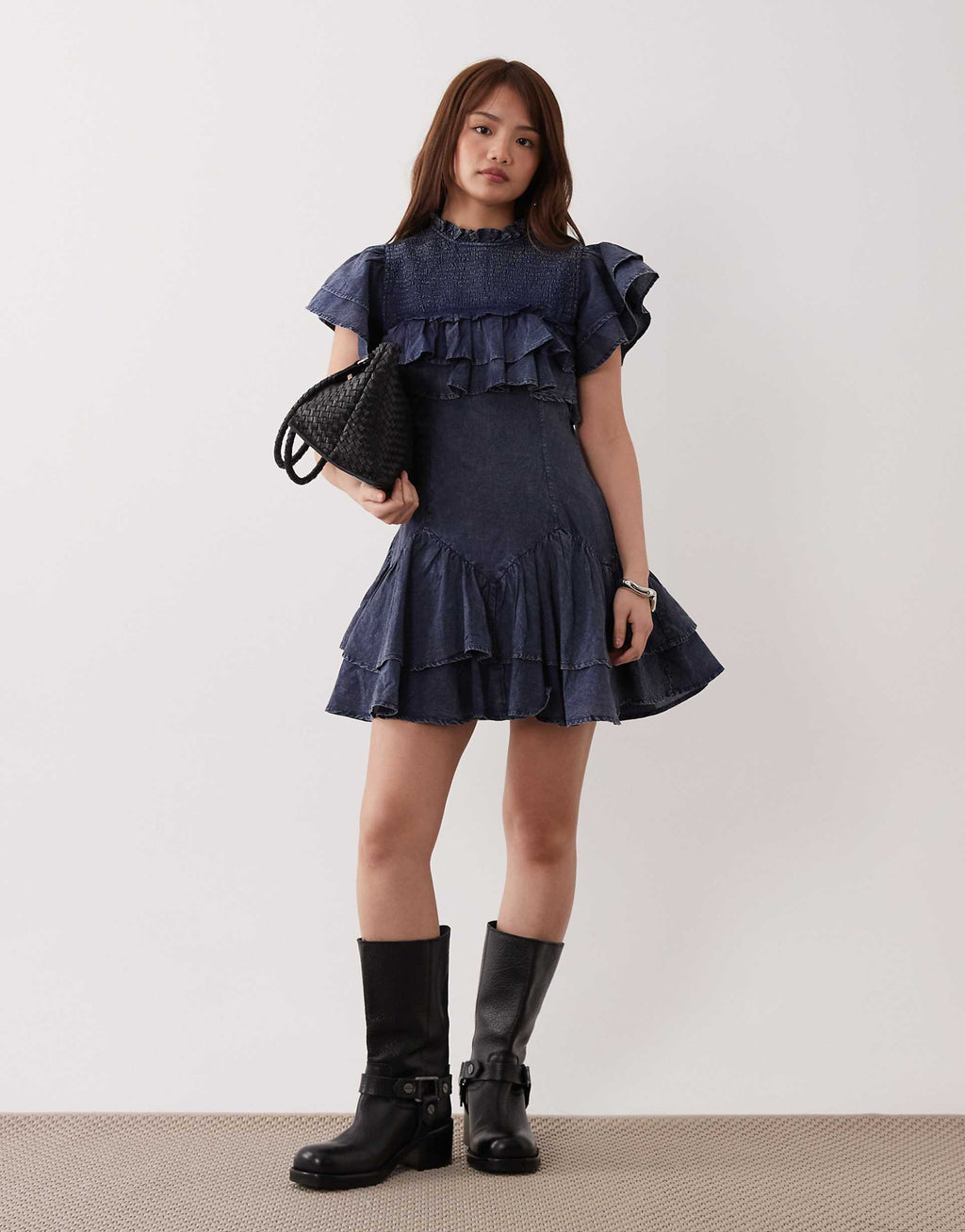 ASOS DESIGN Petite high neck ruffle mini dress with shirring in navy wash