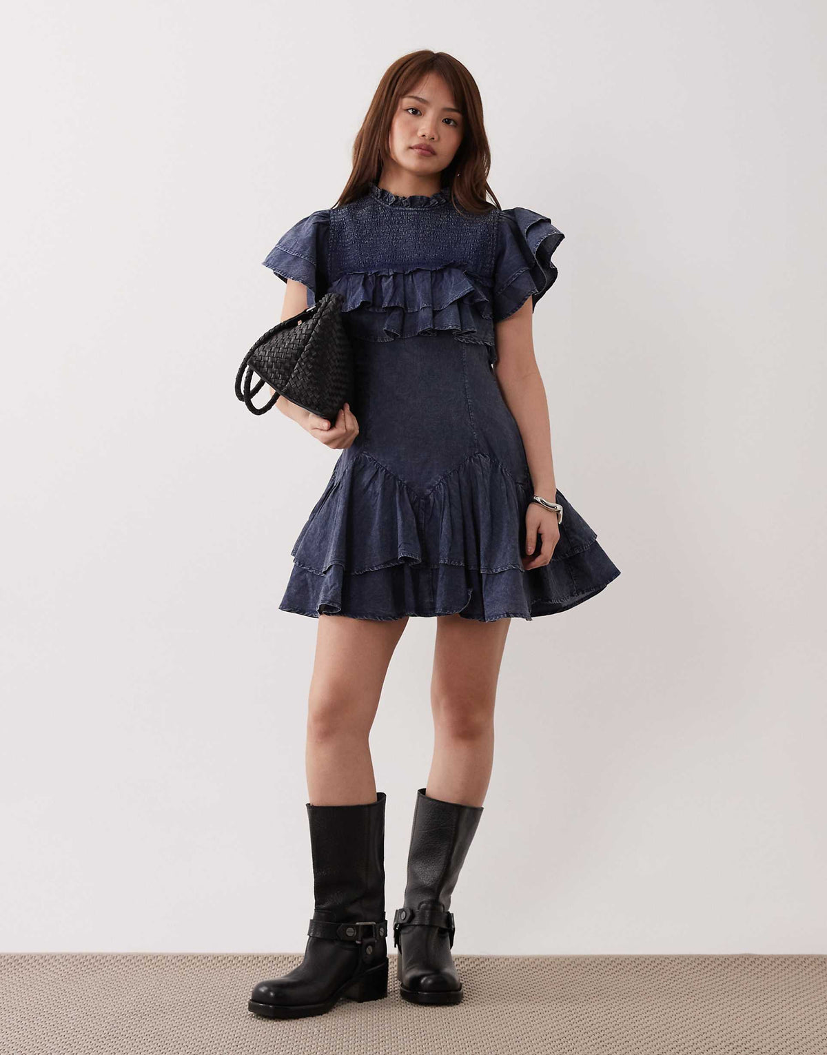 ASOS DESIGN Petite high neck ruffle mini dress with shirring in navy wash