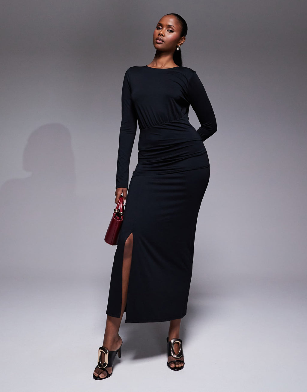 ASOS DESIGN cinched waist front slit detail maxi dress in black