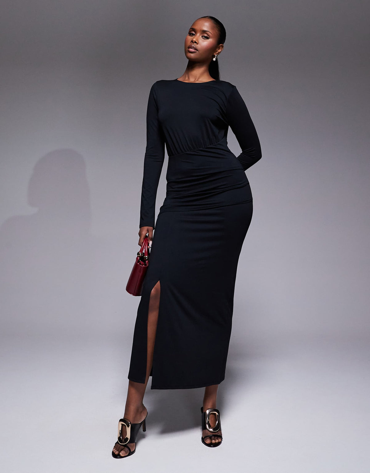 ASOS DESIGN cinched waist front slit detail maxi dress in black