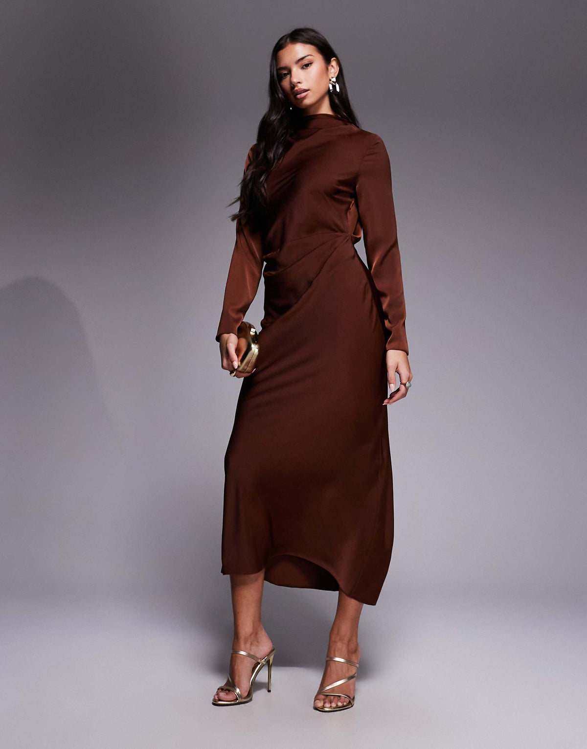 ASOS DESIGN long sleeve high neck pleated bodice midi dress